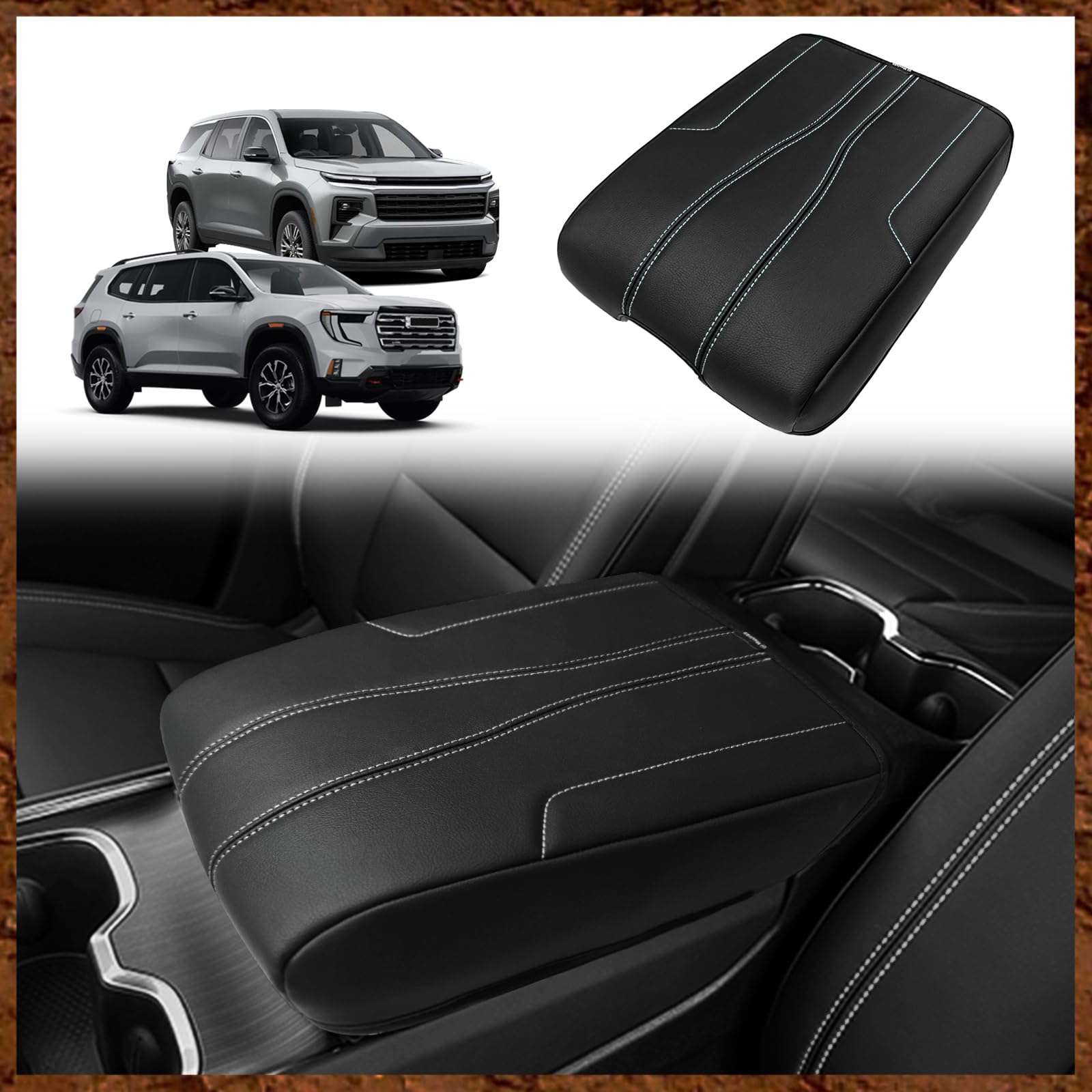 Muslogy Armrest Cover Center Console Cover Compatible with 2024 2025 GMC Acadia & Chevrolet Chevy Traverse Accessories Vegan Leather Arm Rest Middle Console Protector (Black/White Stitching)