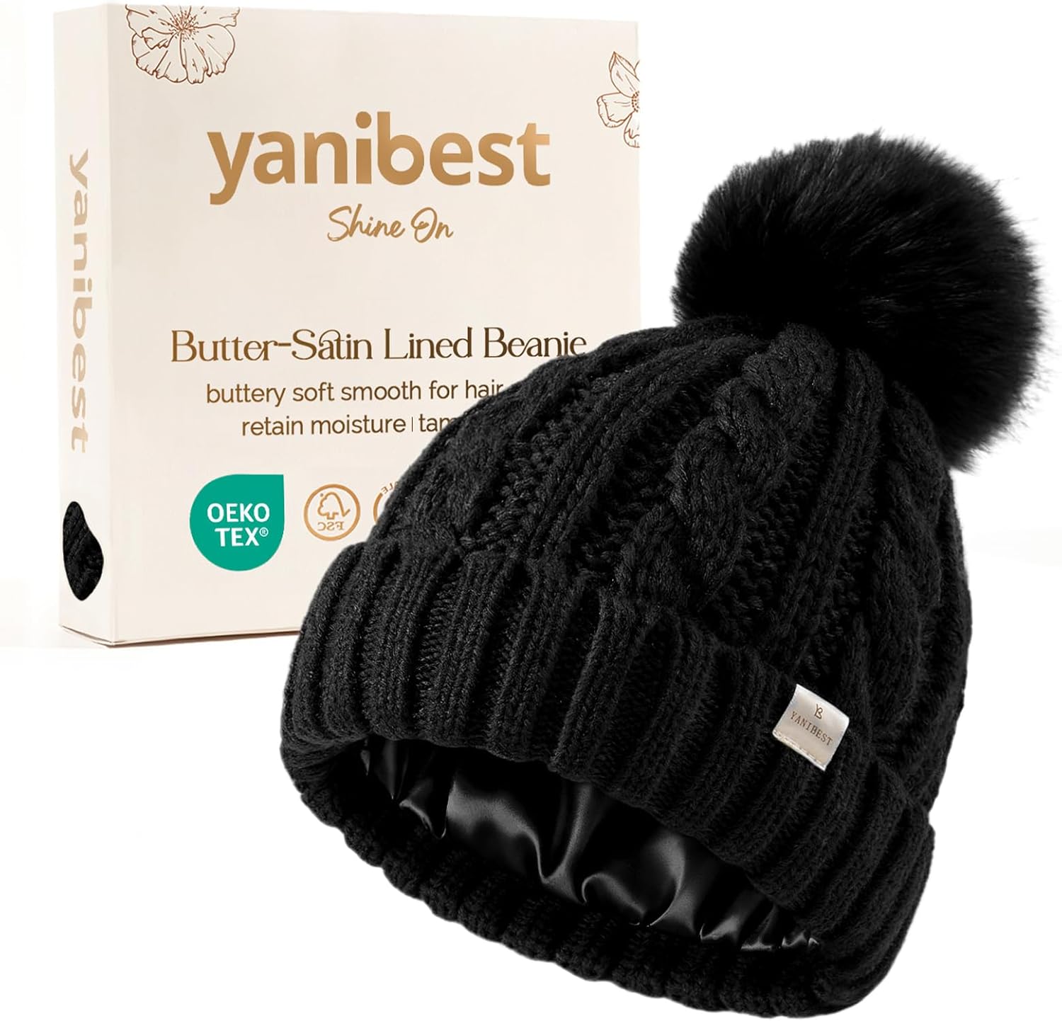 YANIBEST Womens Winter Beanie Hat Satin Lined Knitted Beanie Hat Warm Soft Ski Cuff Cap with Pom Pom