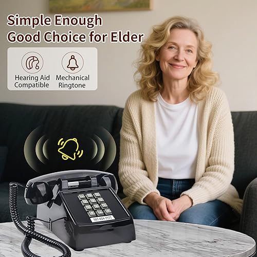 Miniatura 3 de Teléfonos analógicos retro para teléfono fijo (timbre mecánico), teléfono de escritorio vintage (compatible con ayuda de oído), teléfono de