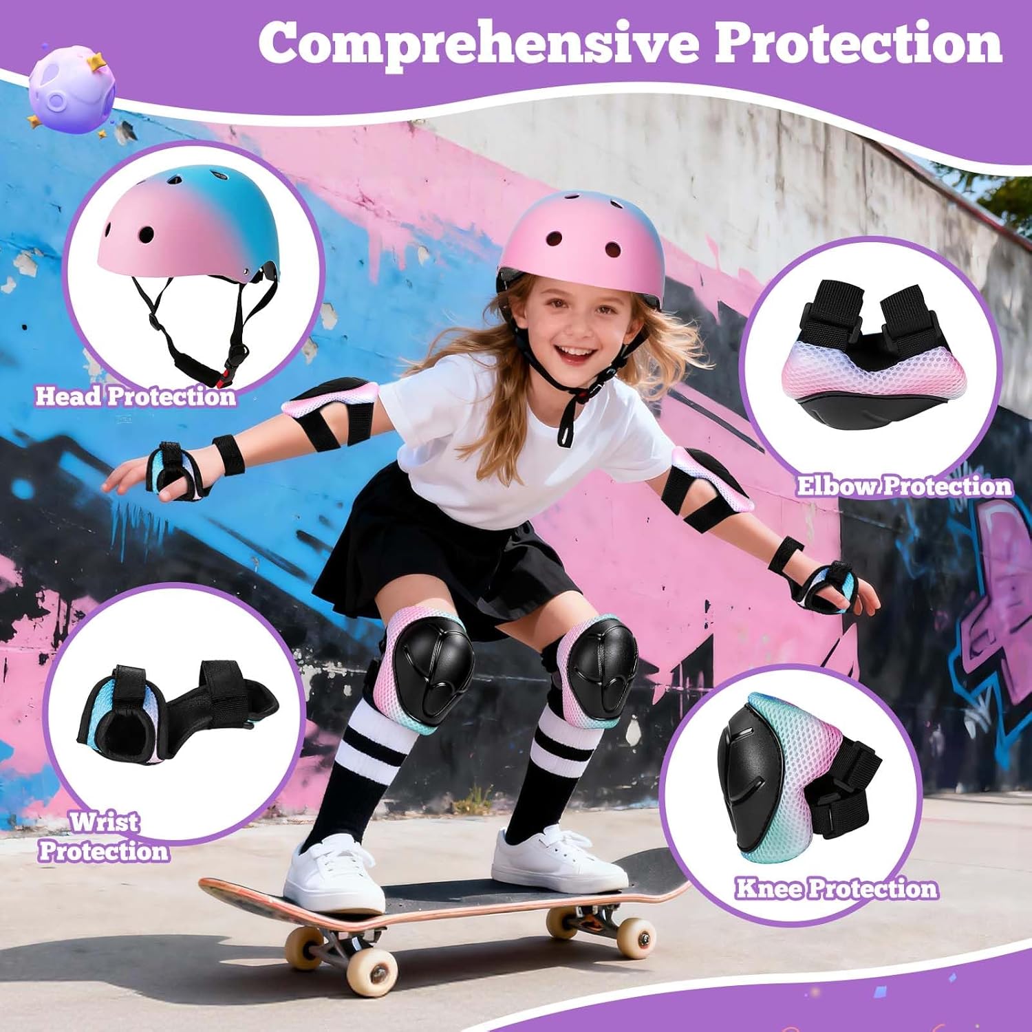 Kids Bike Helmet Set Adjustable for Children, Boys, Girls and Teenagers Aged 3-14 Years Includes Elbow, Knee, Wrist Guards Children's Helmet Protection Set for Bikes SkateboardsRollerskates