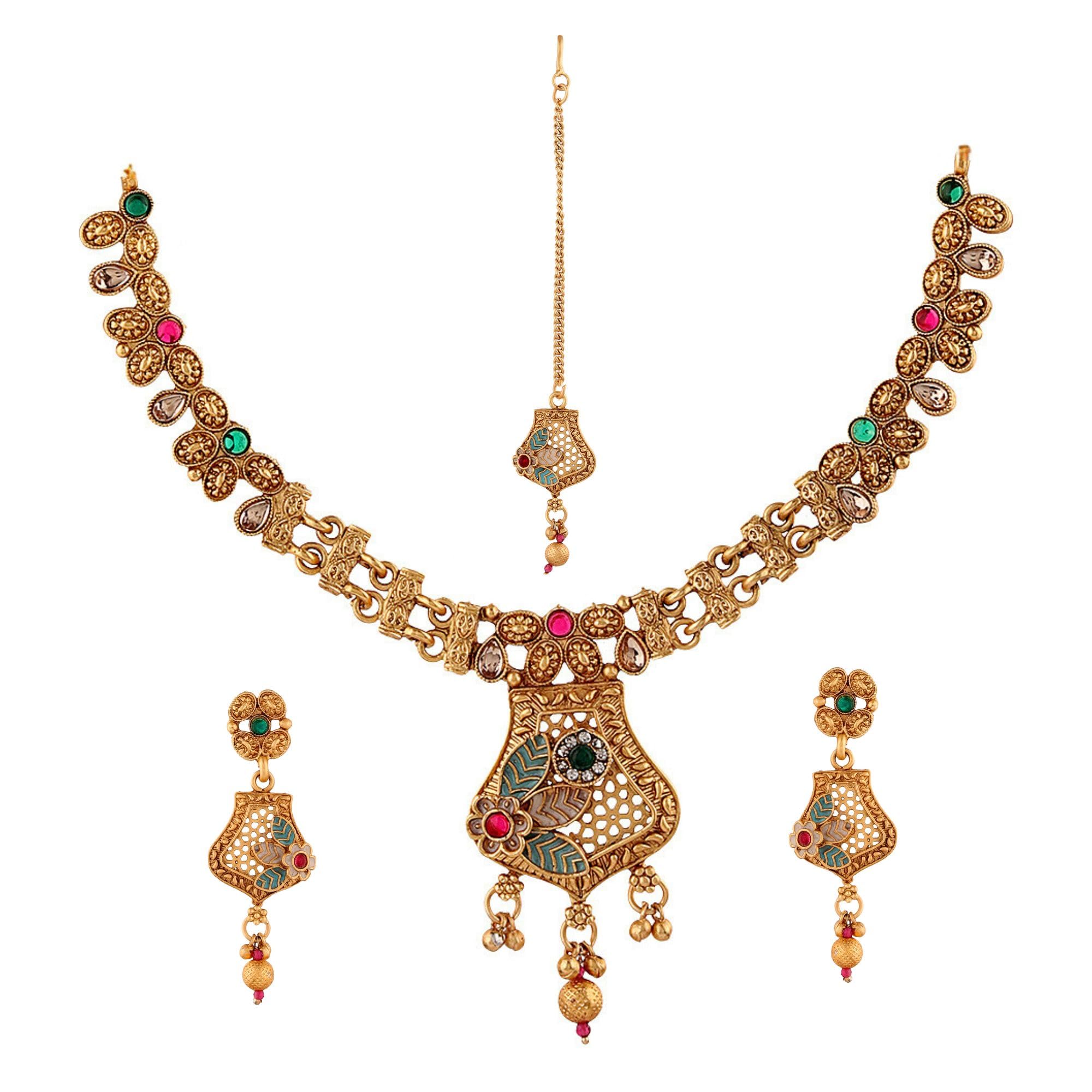 Mansiyaorange Matte Golden Multicolred Floral Design Kempu Stones Necklace Choker Jewellery Set For Women (B0D925GW52) Amazon Price History, Amazon Price Tracker