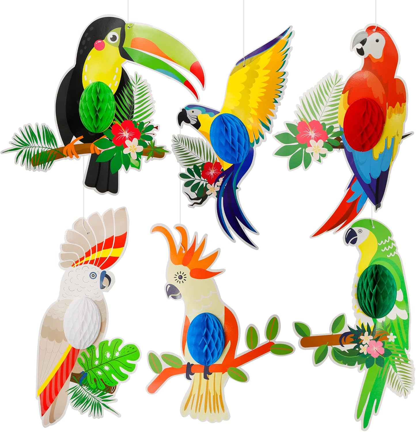 6 Pcs Big Tropical Birds Honeycomb Cutouts, Parrot Honeycomb Decorations, Luau Party Decorations, Hawaiian Party Decorations for Summer, Jungle, Topical Birthday, Rainforest Party Supplies
