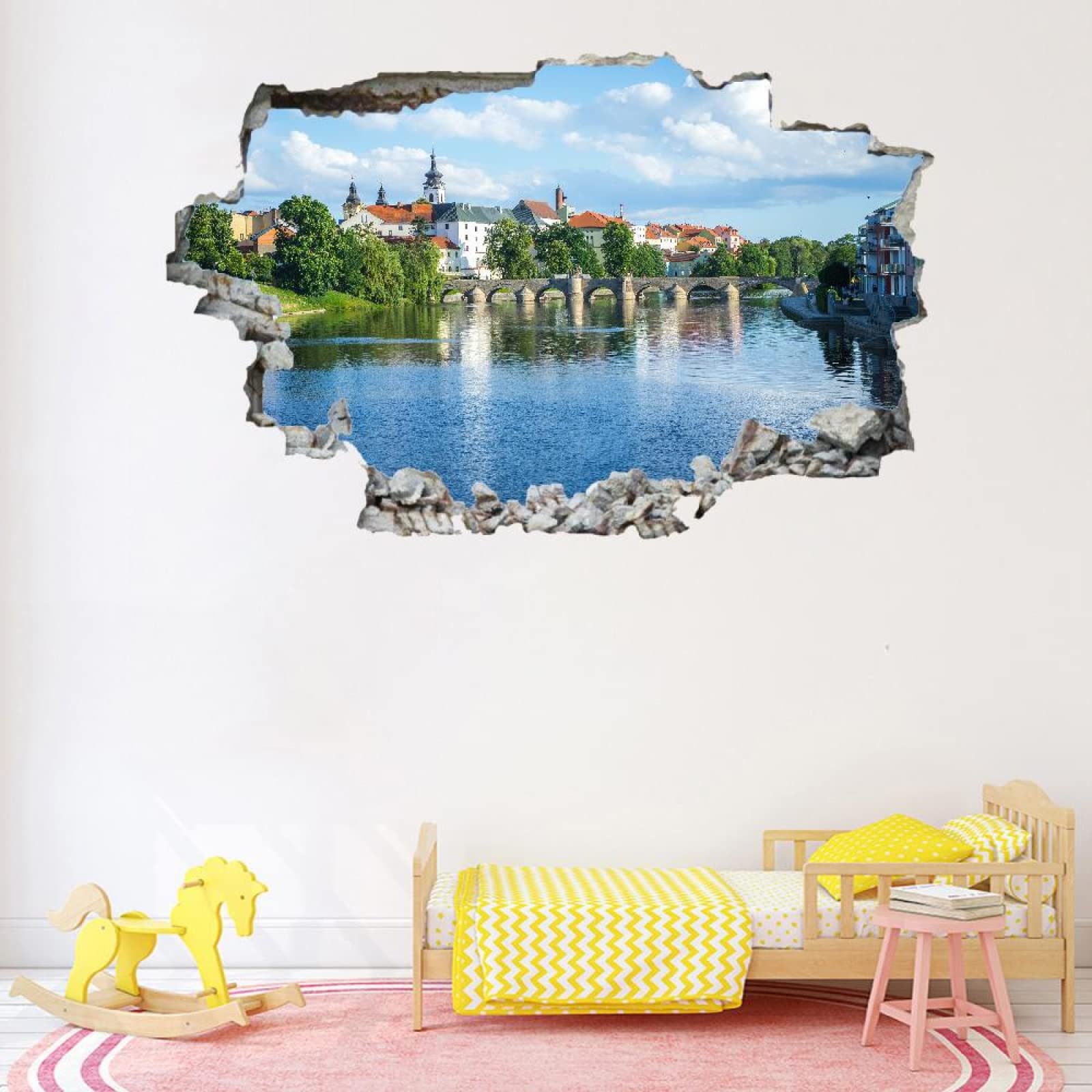 Edificios De La Ciudad Vinilos Decorativos Arte 3D Roto Puente Pegatinas De Pared Removibles Río Mural De Pared De Vinilo Autoadhesivo Para Dormitorio De Niñas, Niños, Decoración Del Hogar, Regalo