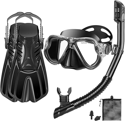 PIYAZI Juego de esnórquel con aletas para adultos, con máscara de vista panorámica, aletas de natación ajustables y bolsa de viaje, equipo de