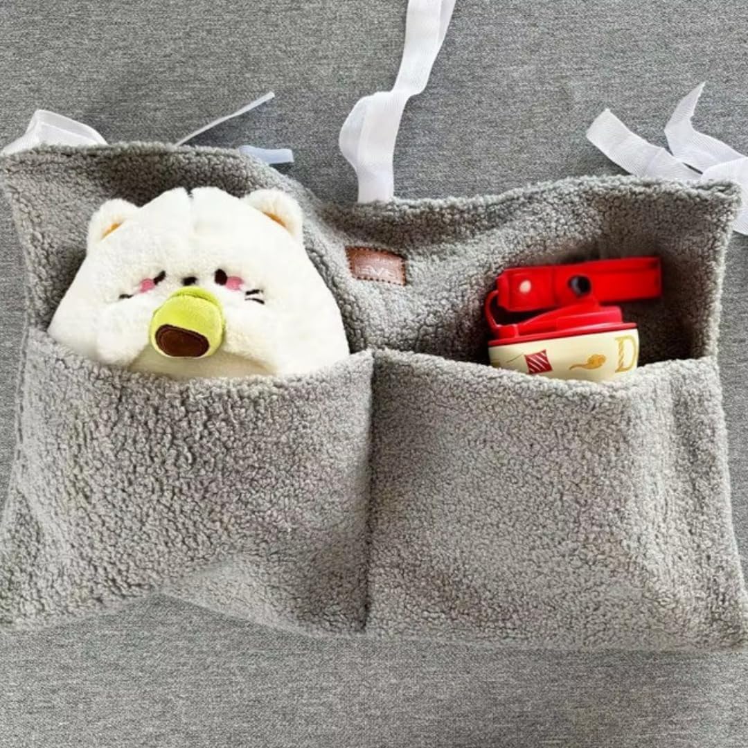 Adm&Eve Bedside Diaper Caddy – Teddy Material With 2 Compartments for Baby Carrier, Crib, Stroller & Changing Table, Hanging Storage Organizer (Grey)