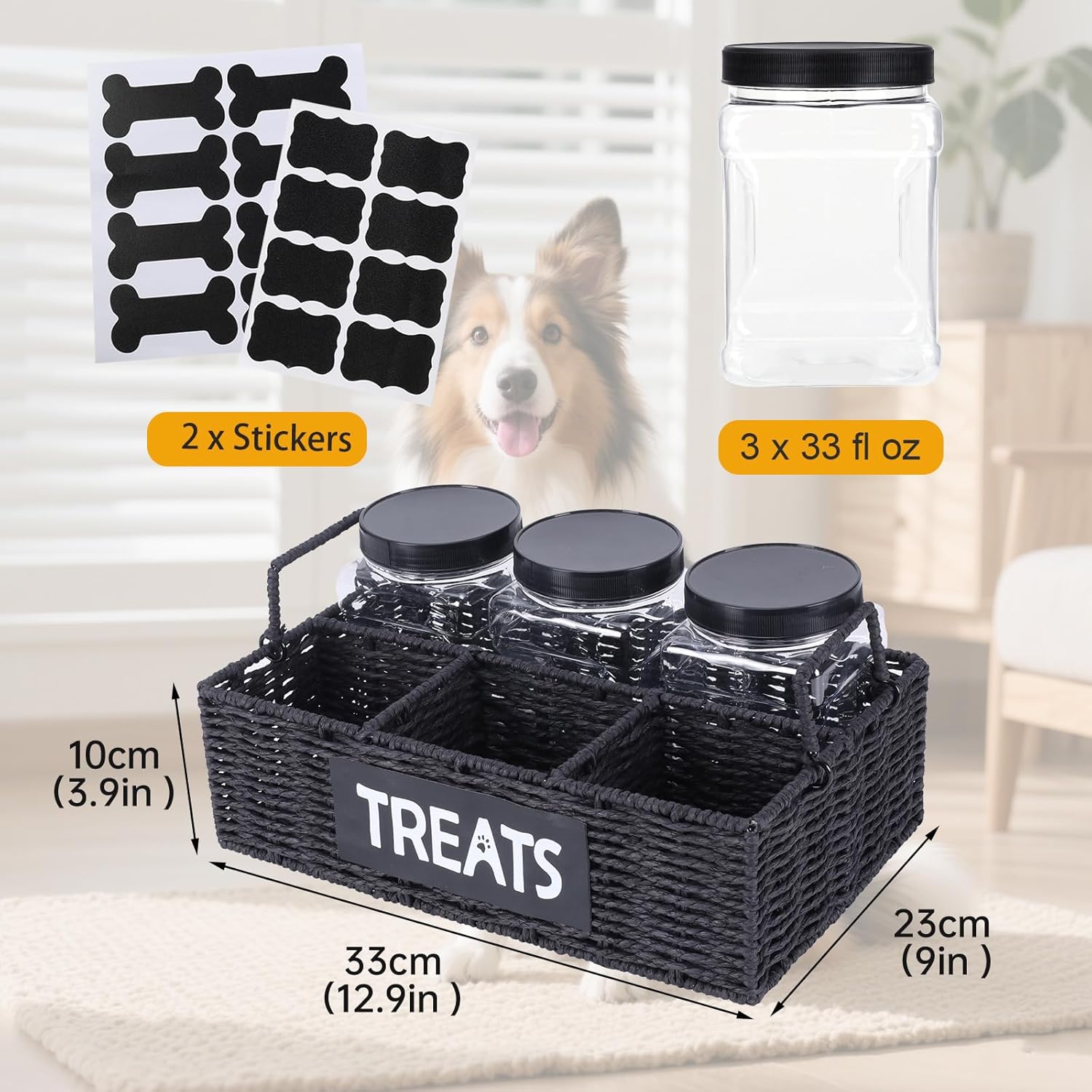 Dog Treat Container for Countertop,3pcs Pet Dog Treat Jars 1 Liter,4-Compartments Dog Treat Organizer,Woven Paper Rope Basket with Metal Frame for Pet Treats-Black