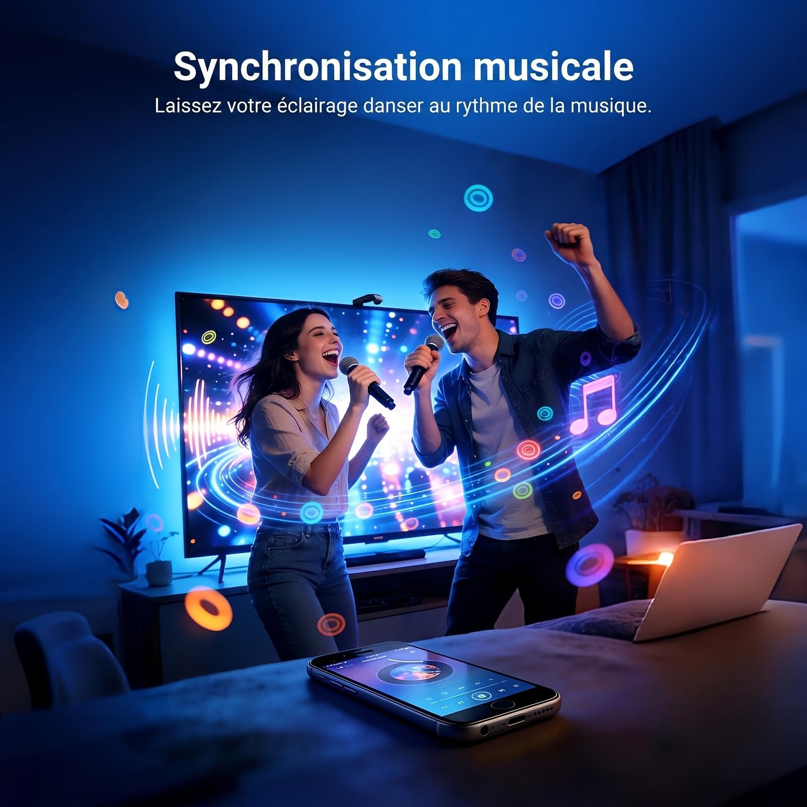NEEWER Basics Rétroéclairage TV pour Écrans 75"-85",Bande LED RGB 5m avec Capteur de Luminosité,Allumage/Extinction Programmable,24 Effets Sonores,Compatible avec Une Application de Contrôle,NS03