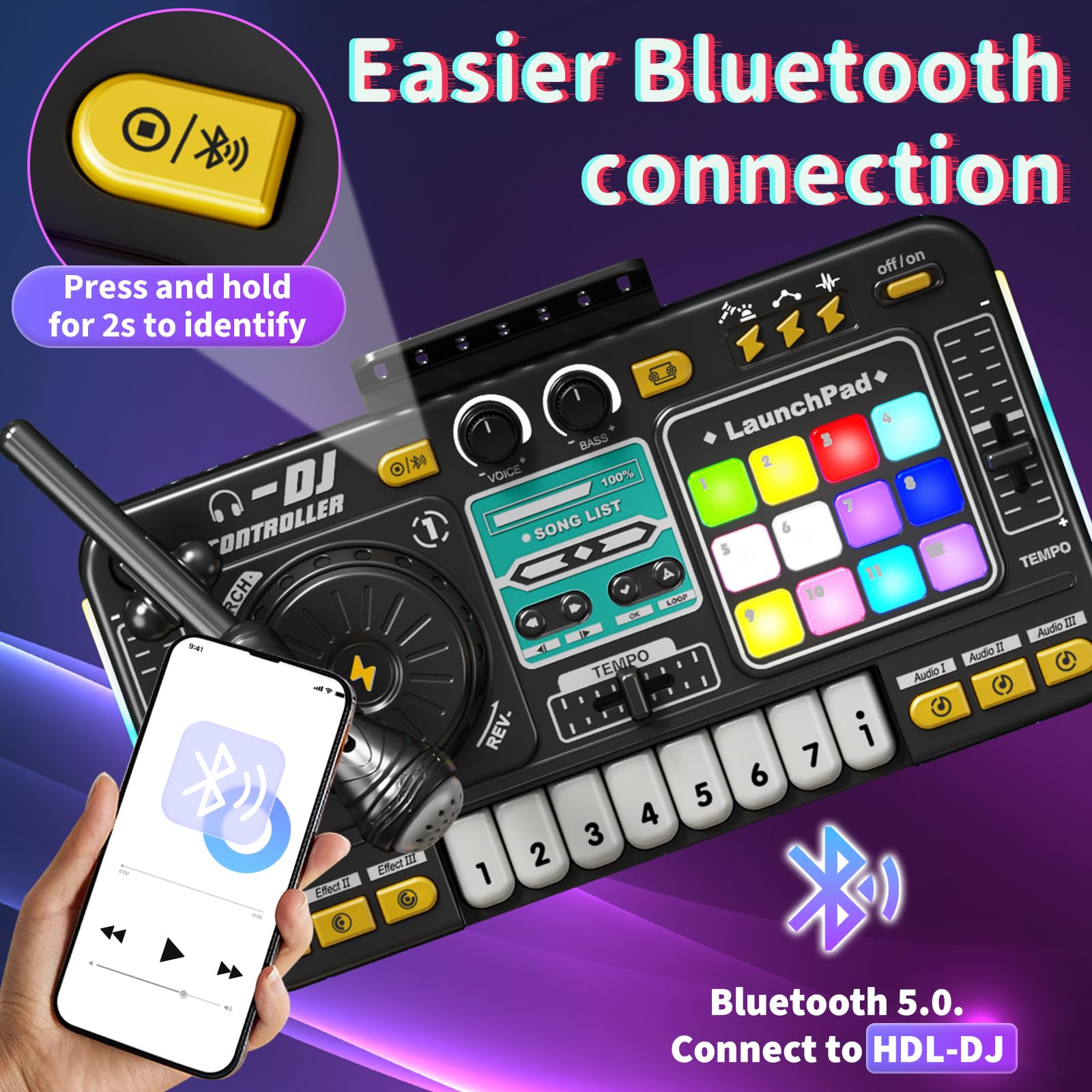 Juego de controlador de tablero mezclador de DJ para niños con tocadiscos, teclas de piano, micrófono y Bluetooth, juguete de instrumento musical para niños pequeños, bebés y niños y niñas de 3 a 8 6