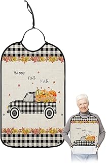 BOBOWUNY Thanksgiving Truck Adult Bibs for Elder Women Men Eating, Pumpkin Maple Leaves Black Plaid Waterproof & Washable Bibs for Eating Clothing Protector Dining Bibs for Crumb Catcher