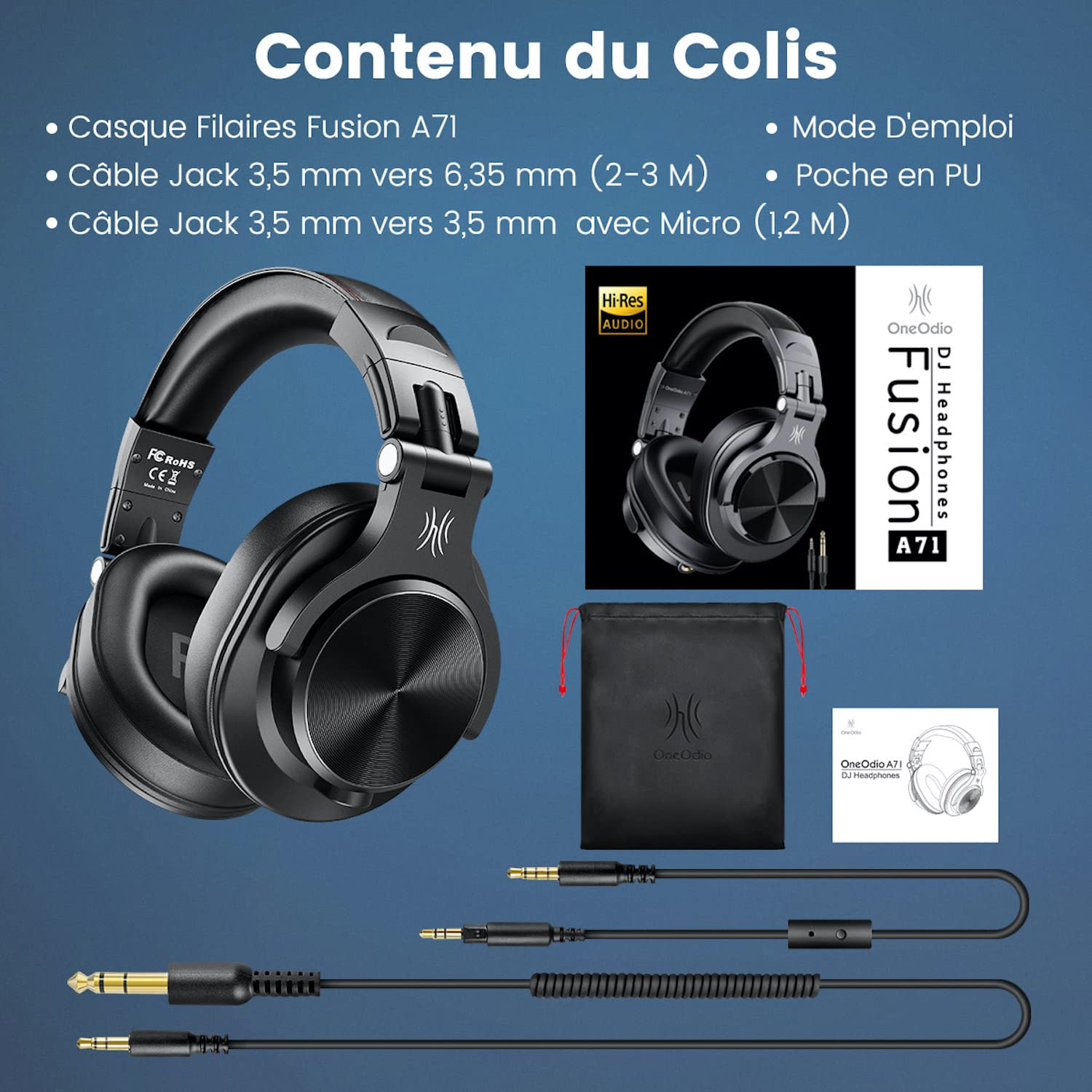 OneOdio Casque Audio Filaire, Fusion A71 Casque Audio Studio, Casque DJ, Casque de Monitoring Compatible Smartphone PC Synthétiseur Guitare Piano Tablette (Noir)
