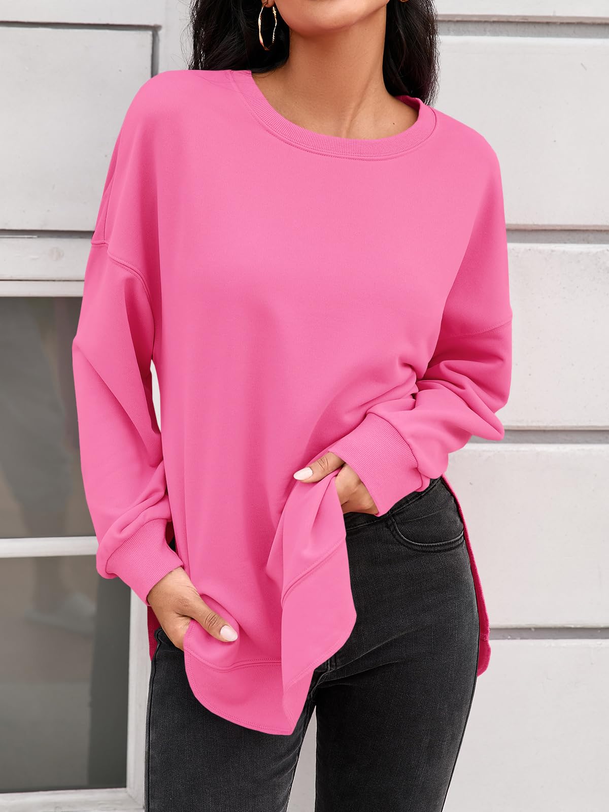 Fisoew Pull à col rond et manches longues pour femme - Fente latérale - Manches longues - Élégant basique - Tunique ample - Haut décontracté