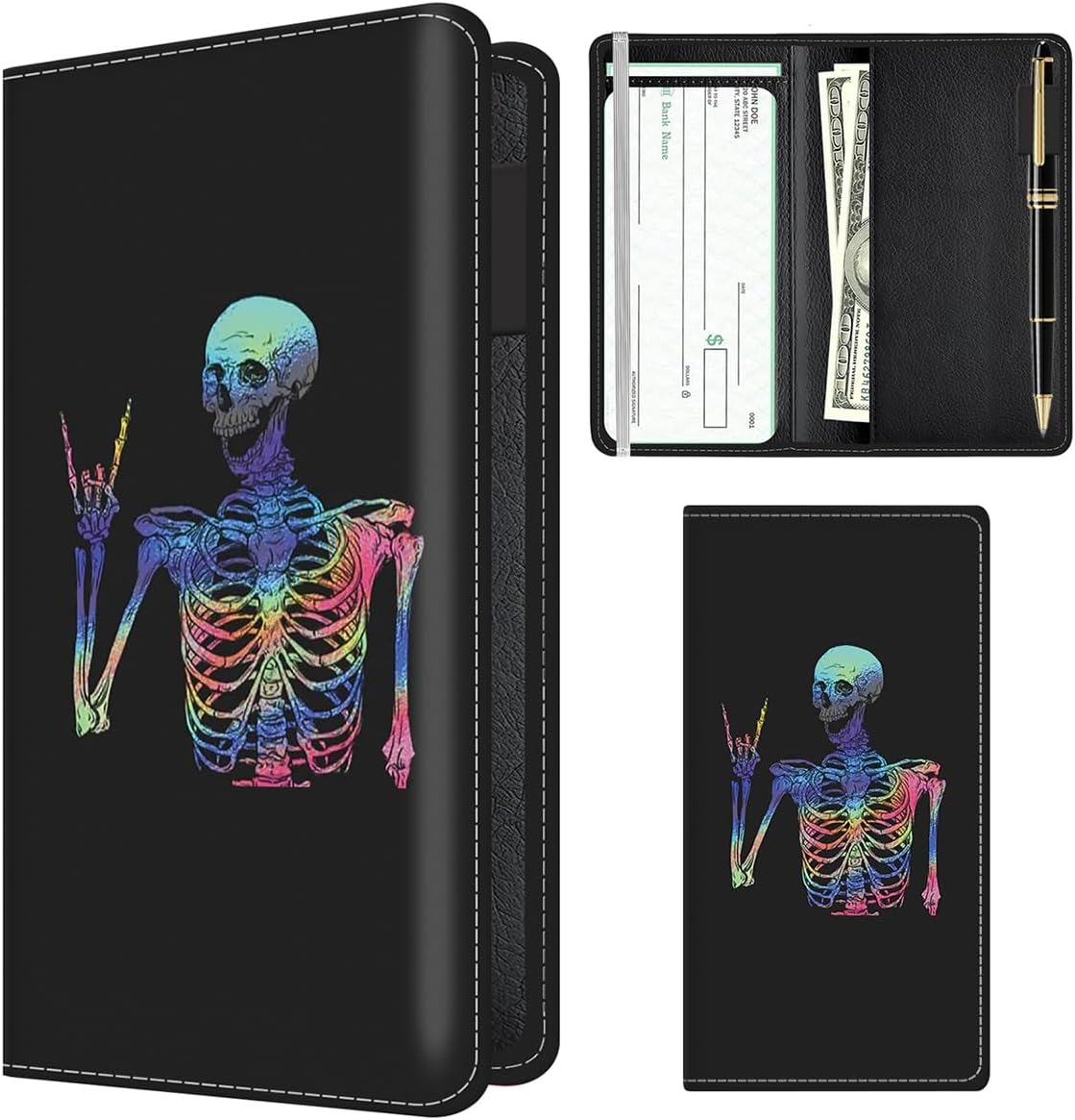 Checkbook Cover for Personal Checkbook, Cute PU Leather Check Book for Women & Men, Slim Checkbook Holder with Pen Holder and Built-in Clear Plastic Divider Rainbow Skeleton Rock