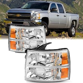 ROXX 2007-2014 Silverado Headlight Assembly for 07-13 Chevy Silverado 1500 / 07-14 Silverado 2500HD 3500HD Clear Lens Chrome Housing with Amber Reflector Headlamp Replacement Left and Right