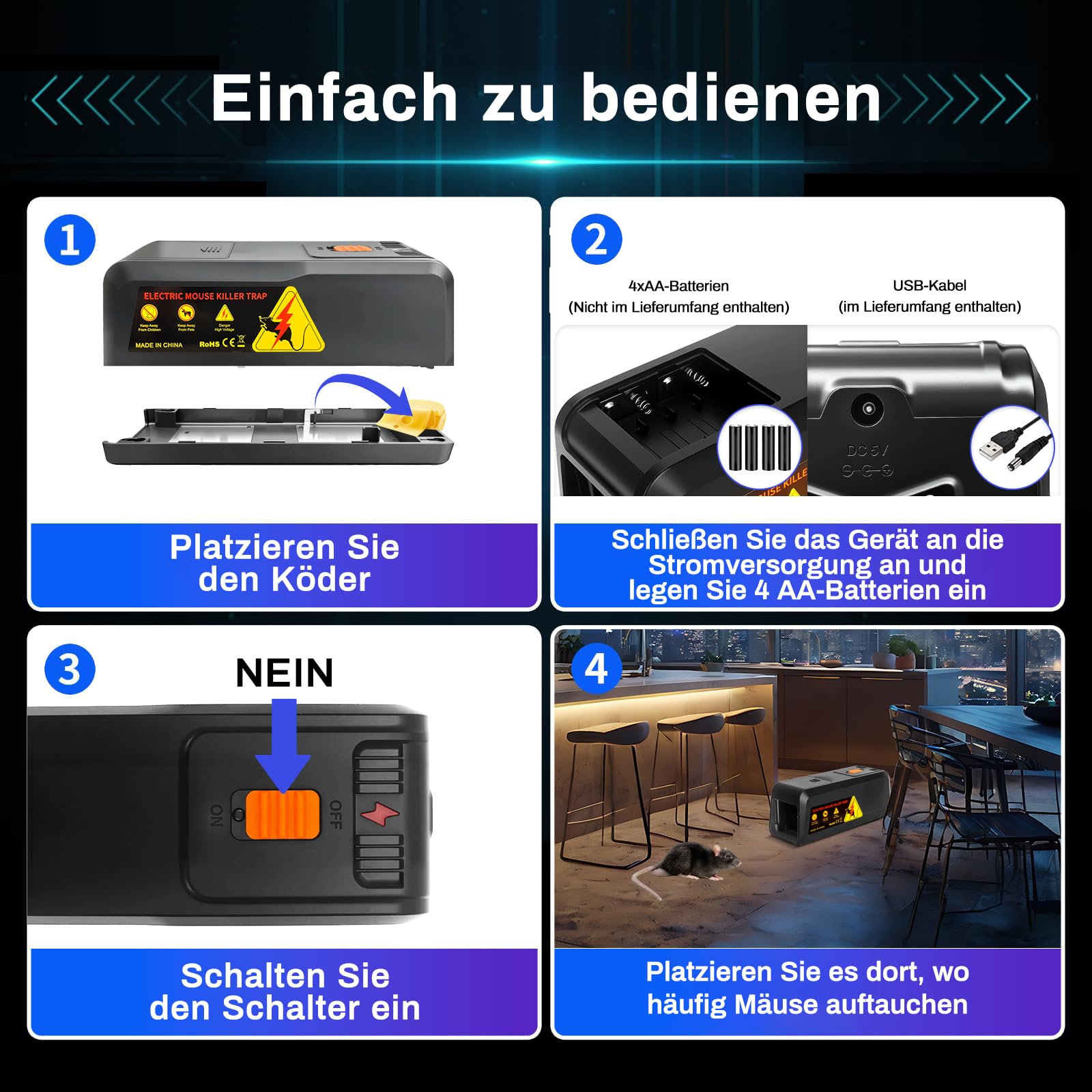 2800V Rattenfalle Elektrisch,Hochspannungs Elektrische Mausefalle,Rattenfallen Schlagfallen,Elektrischer Mausfänger,Schmerzloser Elektronische Schlagfalle