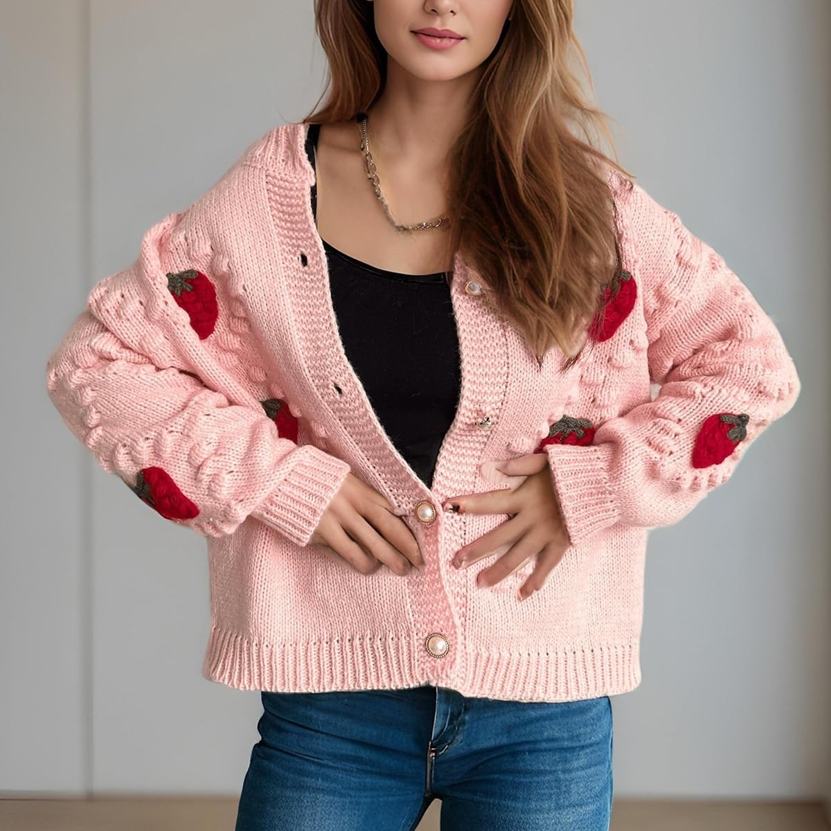 Erdbeer Strickjacke für Damen Gemütlicher Kurzer Grobstrickpullover Süßer Langarm Strickpullover Bequeme Strickmode Leichte Oberbekleidung für Mädchen