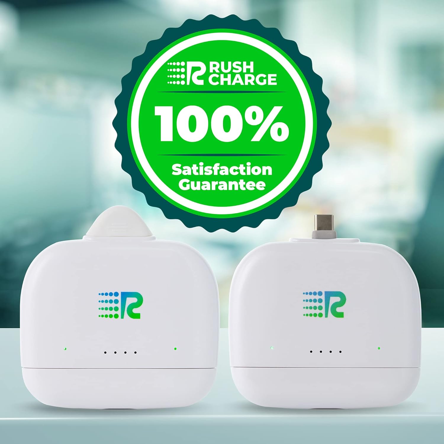 Two Rush Charge portable power banks, emphasizing the brand's commitment to customer satisfaction.