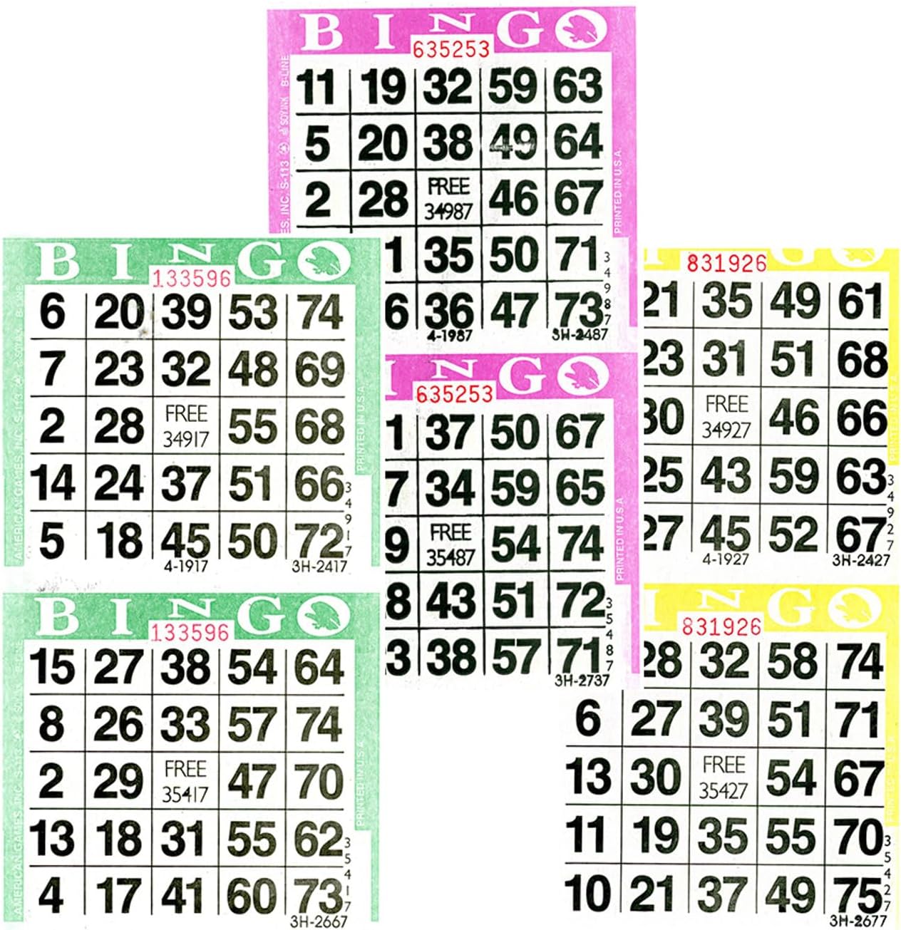 Bingo Paper Game Cards - 2 Card - Triple Pack - 750 Green - 750 Purple - 750 Yellow - 3 Colors, Made in USA