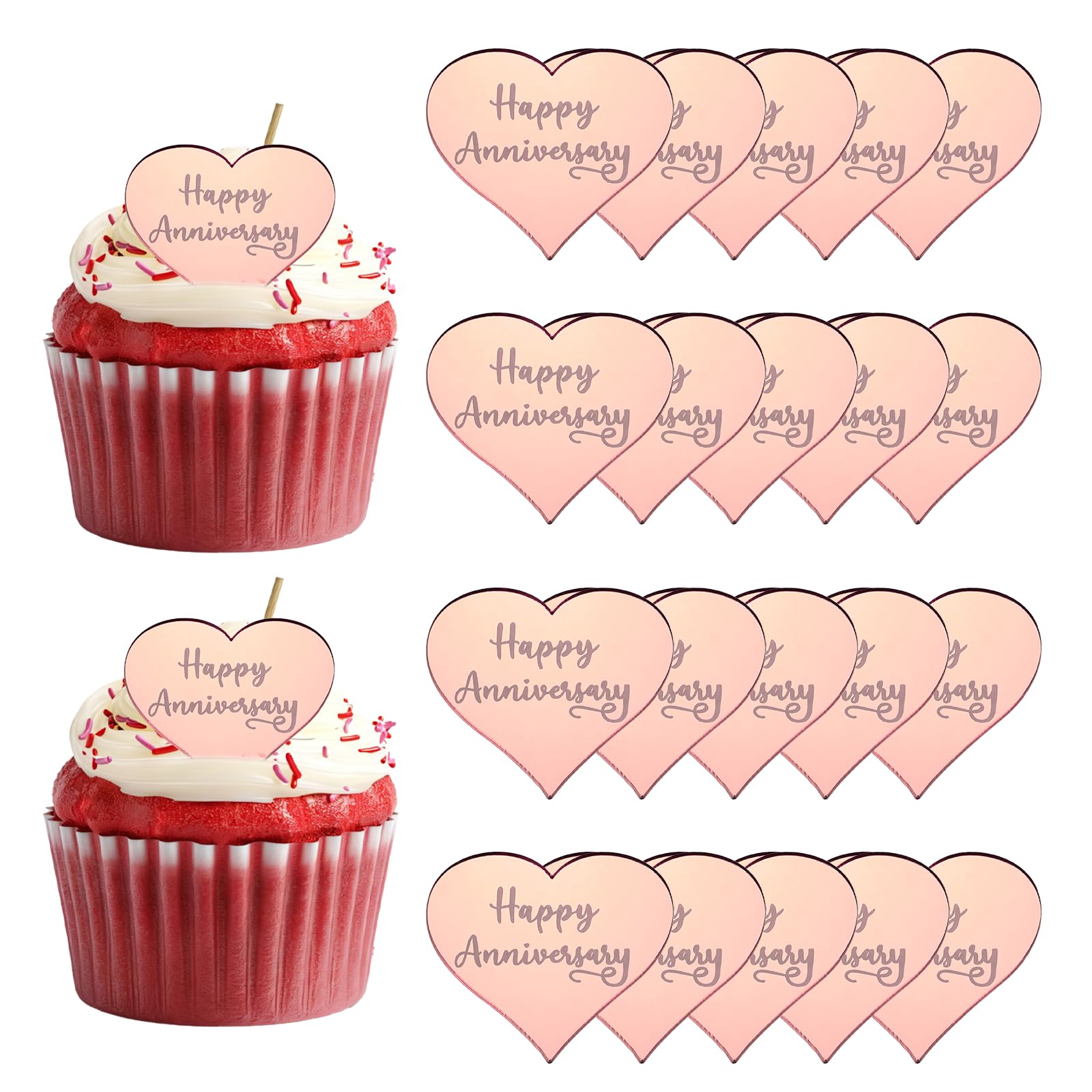 sourcing map 20Pcs Acrylic Mirror Cake Toppers, Happy Anniversary Cupcake Toppers Heart Shapes Laser Picks Dessert Decorations for Celebrating Party Wedding Shower, 059-Rose Gold