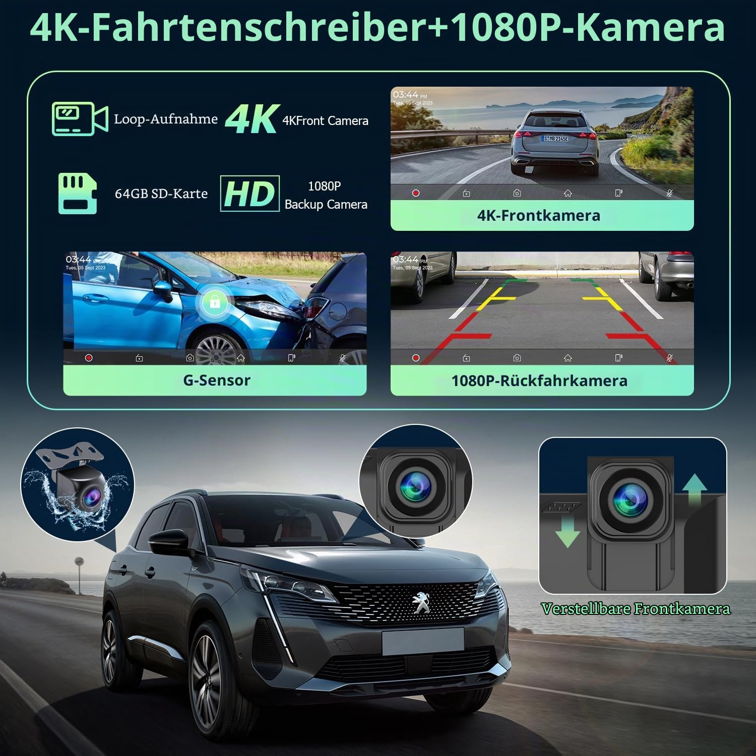10,26" 4K CarPlay Display Android Auto, 4K Dashcam + 1080P Rückfahrkamera