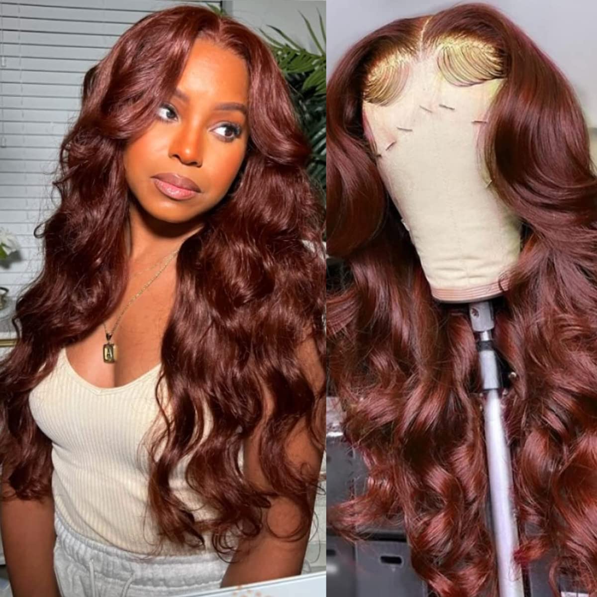 Reddish Brown Lace Front Wigs Human Hair Body Wave #33B Auburn Brown 13x6x1 T Part Lace Wigs Glueless Copper Red Wigs Pre Plucked with Baby Hair 150% Density 22 Inch