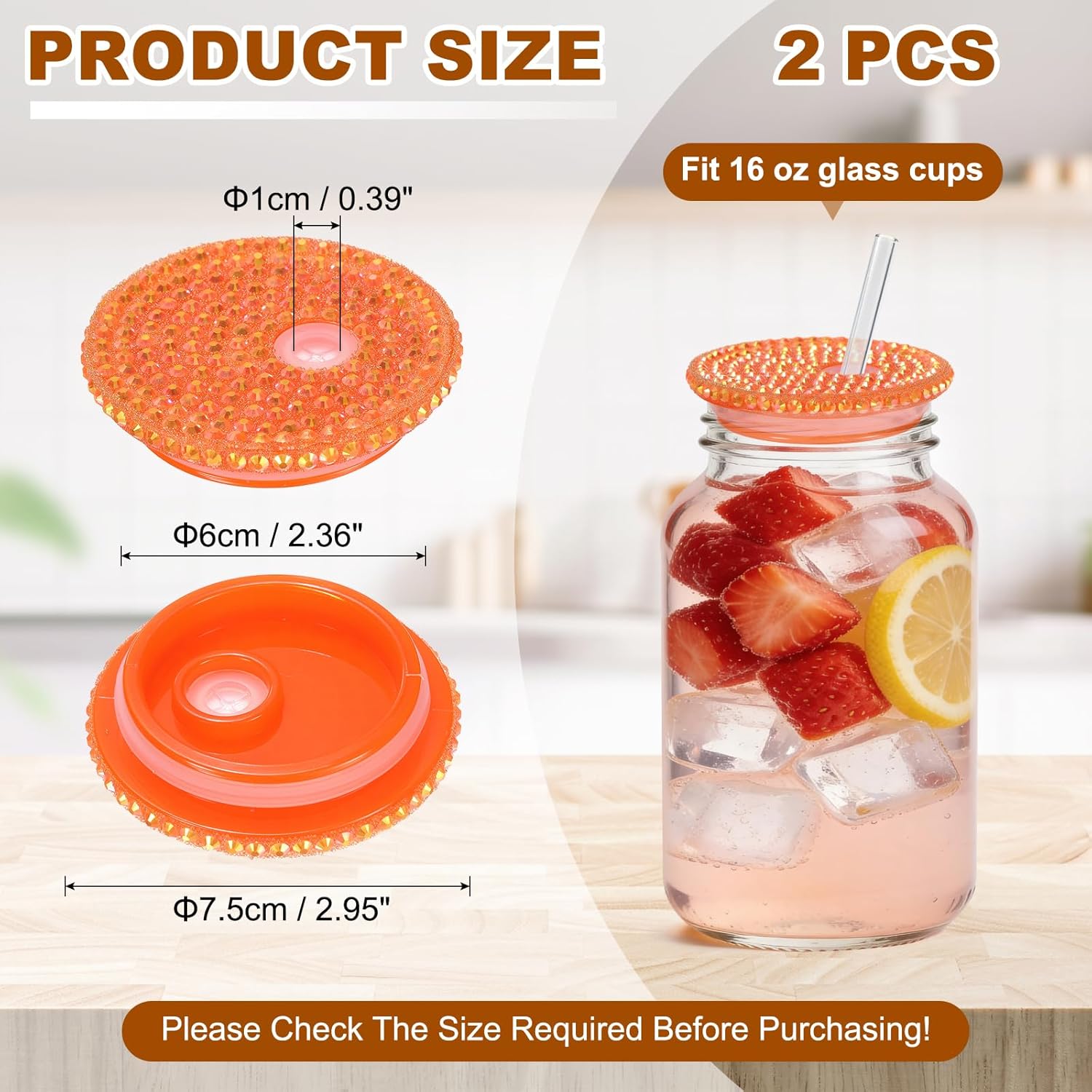 uxcell 2Pcs Acrylic Lids for 16 oz Glass, Reusable Plastic Tumbler Replacement Lids Rhinestone Canning Caps with Hole for Beer Can Drinking Glasses Tumblers, Orange Iridescent