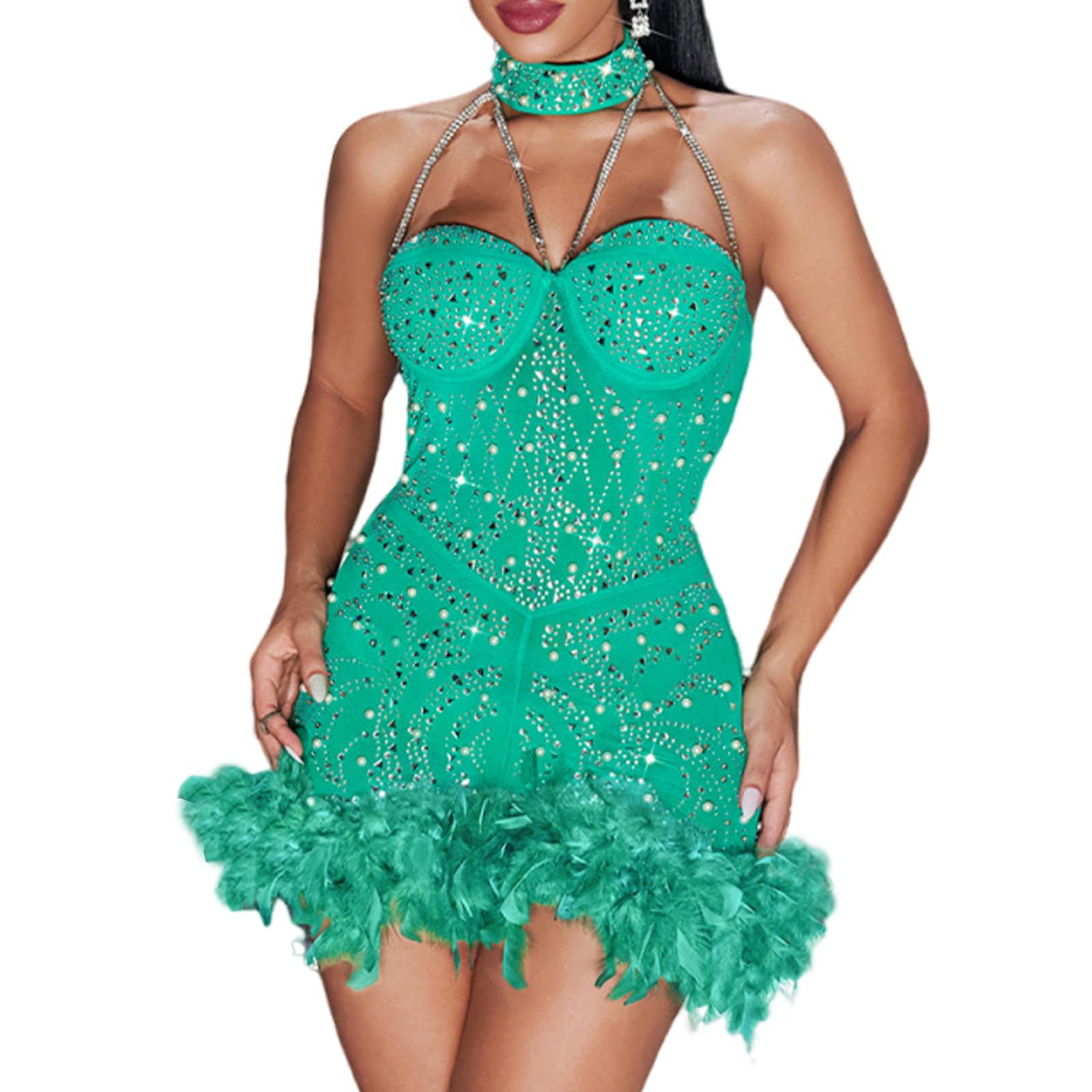 NIKBK Sexy Feather Rhinestone Backless Mesh Sheer Burlesque Outfit Nightout Clubwear Birthday Party Dress