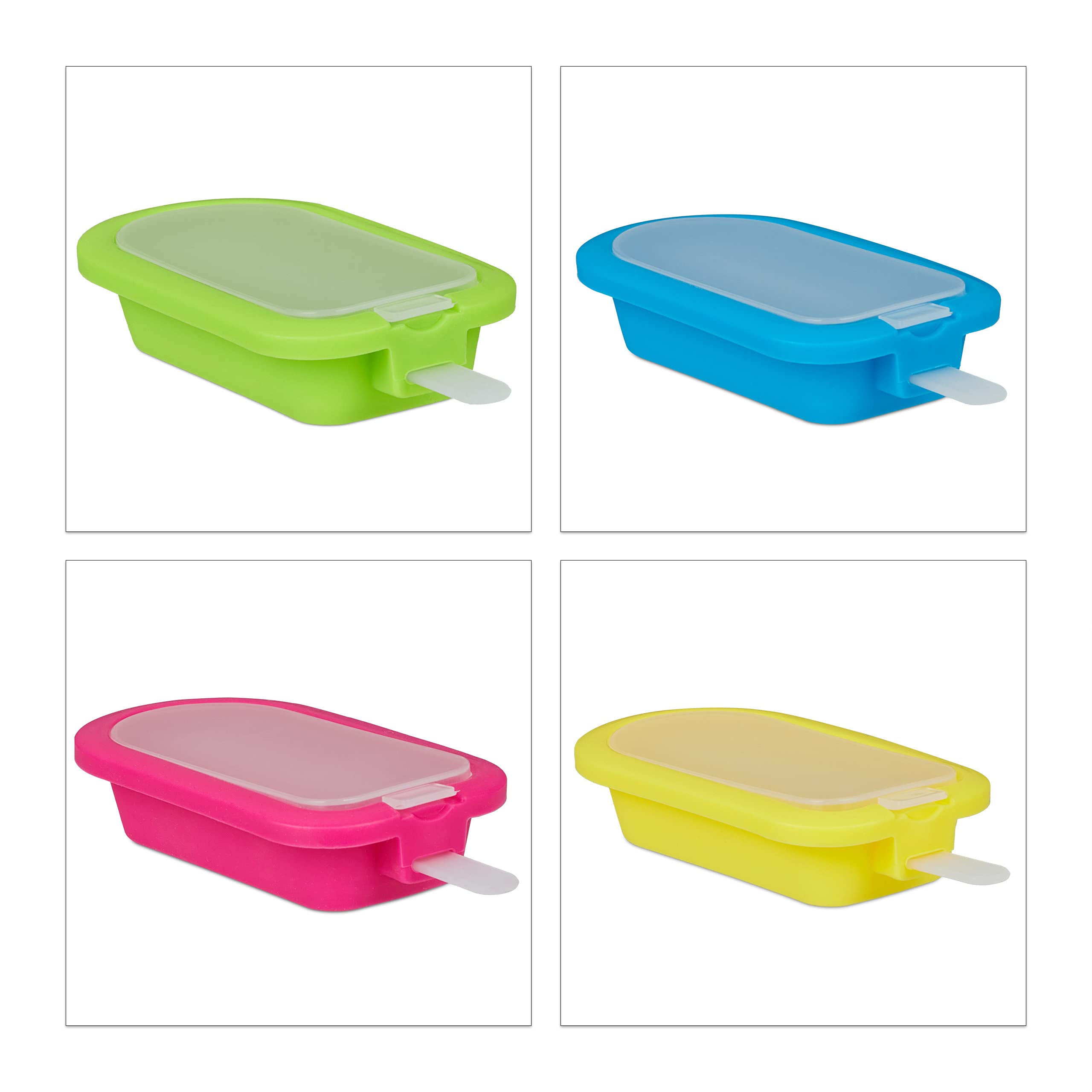 Relaxdays Set 4 Moldes Helados, Silicona sin BPA, Polos Caseros con Palo, Politos de Hielo, Verde/Azul/Rosa/Amarillo