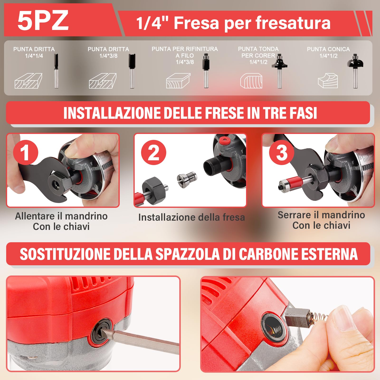 TEENO Rifilatore Fresatrice Verticale per Legno 800W 13000-33000 RPM Con Copertura Antipolvere, Legno Rifilatrice Elettrica Con 5 pezzi 1/4" Fresatura Cuter, 6 Velocità Variabili, Mandrino 6/6.35/8mm