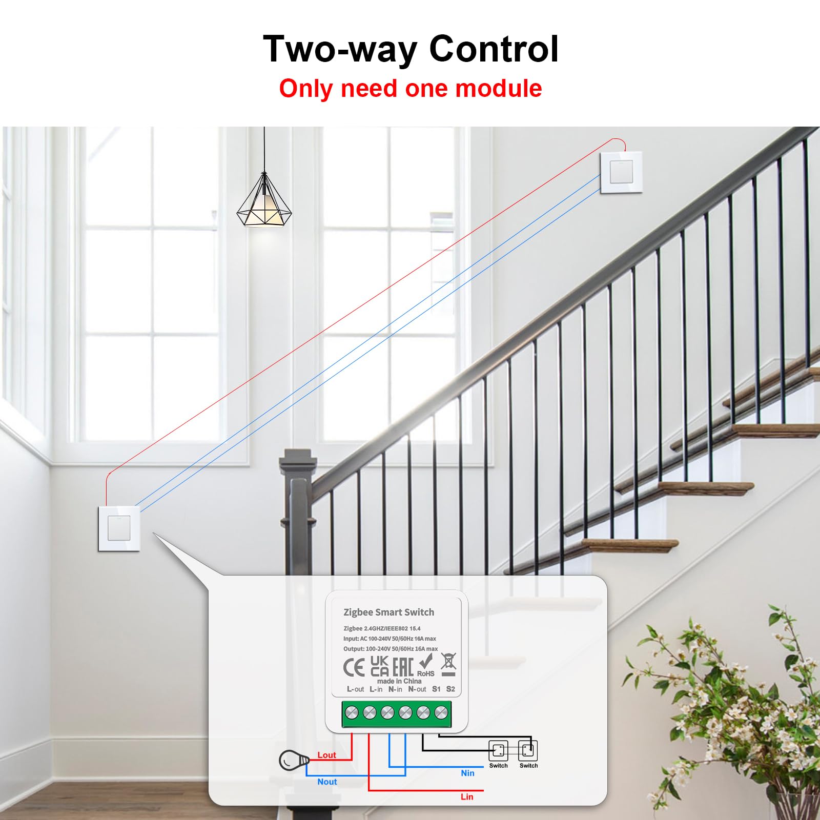 CNBINGO ZigBee - Interruptor de luz inteligente (4 unidades, 1 vía/2 vías, mini interruptor ZigBee, se ajusta detrás del interruptor de pared, compatible con Alexa Echo, Google Home, Smart Life,