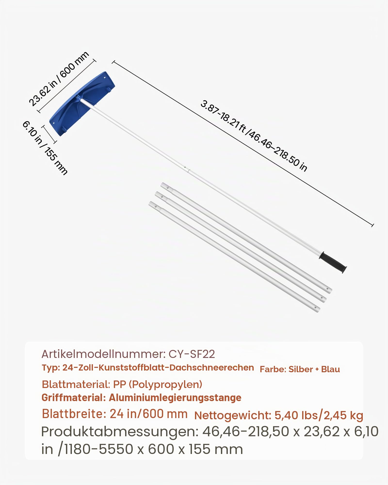 VEVOR Schneedachrechen, 60 cm Klinge aus PP, 118–555 mm Verstellbarer Schneeschieber mit Rädern, Schneeräumwerkzeug mit rutschfestem Griff, Hausdachrechen zum Entfernen von Laub & Schnee