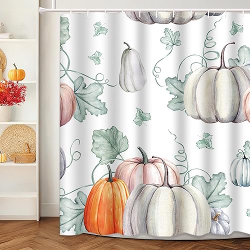 Emvency Cortina de ducha de acuarela de otoño, calabazas, es para Acción de Gracias, Halloween, diseño de recetas, cosecha, tela de poliéster