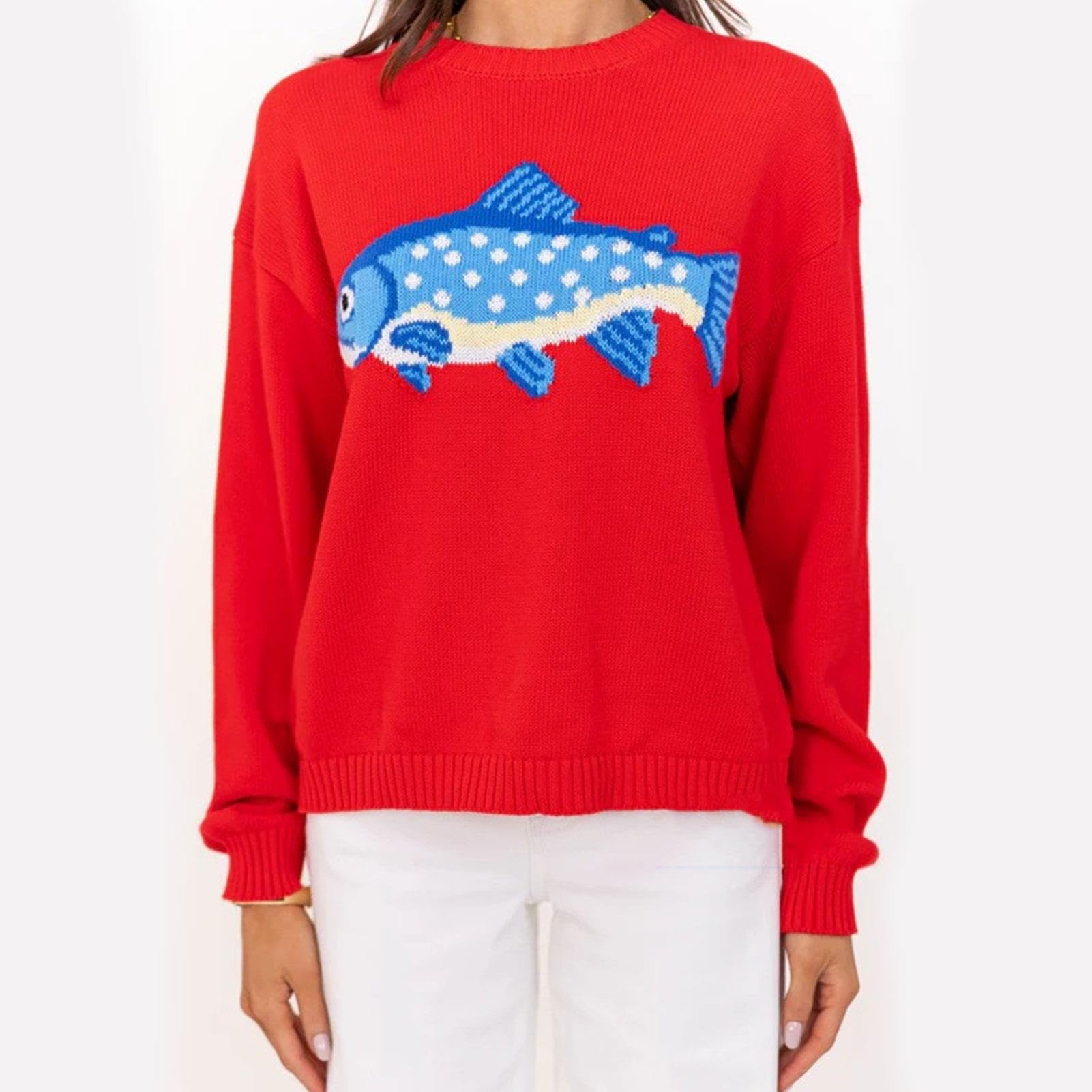 Jersey Punto Extralargo Cuello Redondo Gráfico Peces Océano Y2K Oversize