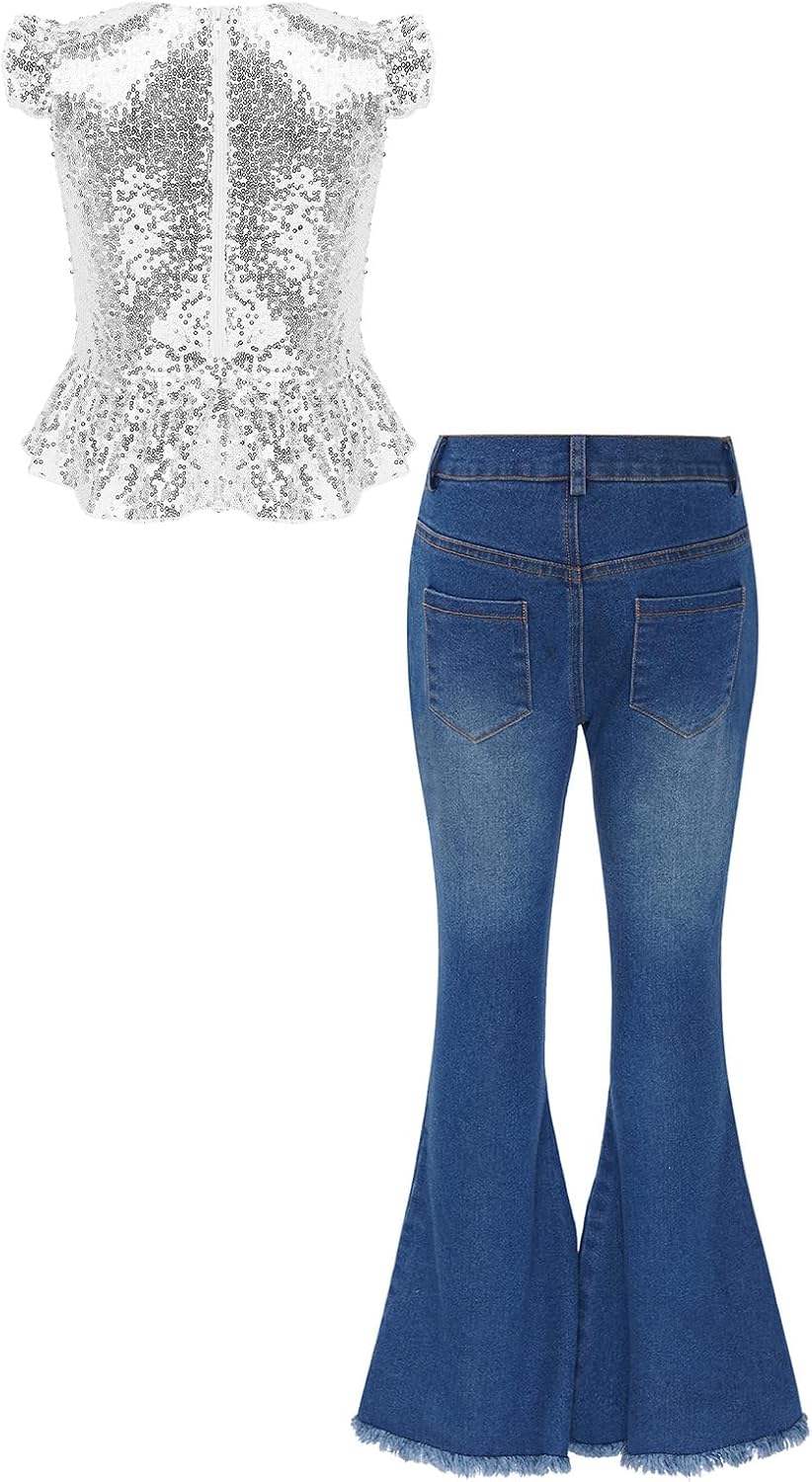 ranrann Girls 2Pcs Flared Outfits Sequins Ruffle Hem Dance Shirt Top with Bell Bottoms Denim Pants Set Summer Clothes