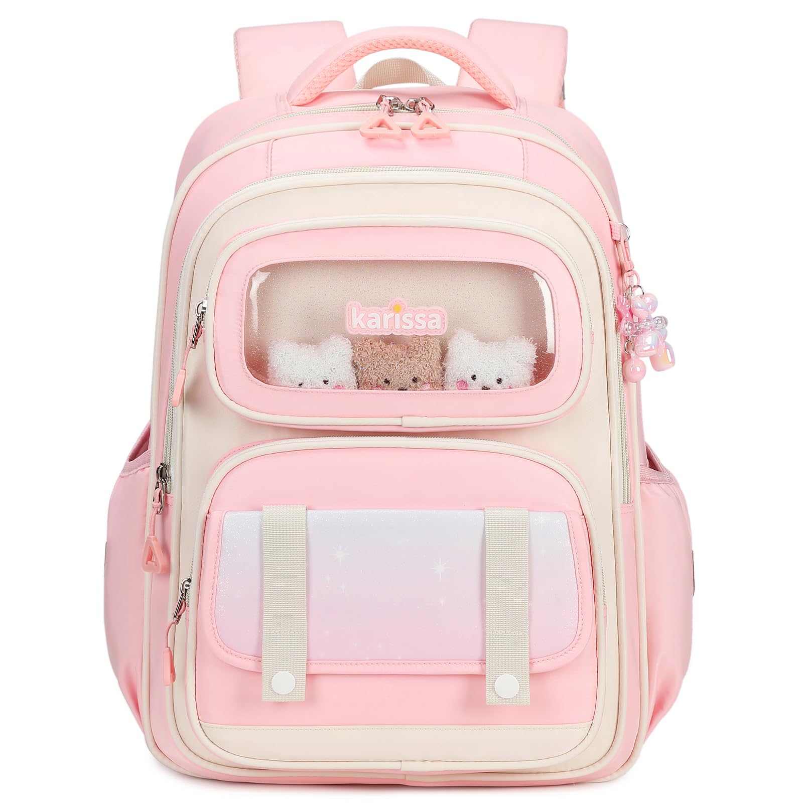 Tanou Cartable Primaire pour Filles, Sac à Dos Ergonomique pour Enfants du CP au CM2, Sac d'école Fille Primaire Décontracté avec Pendentif, 20 Litres, Rose