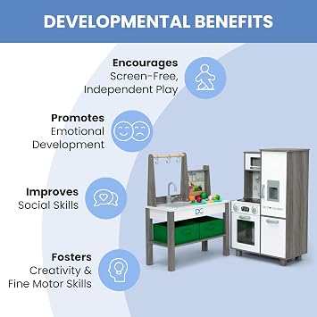 Delta Children Gourmet All-in-One Corner Play Kitchen - Toy Kitchen Playset with Safe & Heatless Stove with Lights, Oven, Sink, Fridge/Freezer with Ice Maker and 20 Accessories, Natural/White