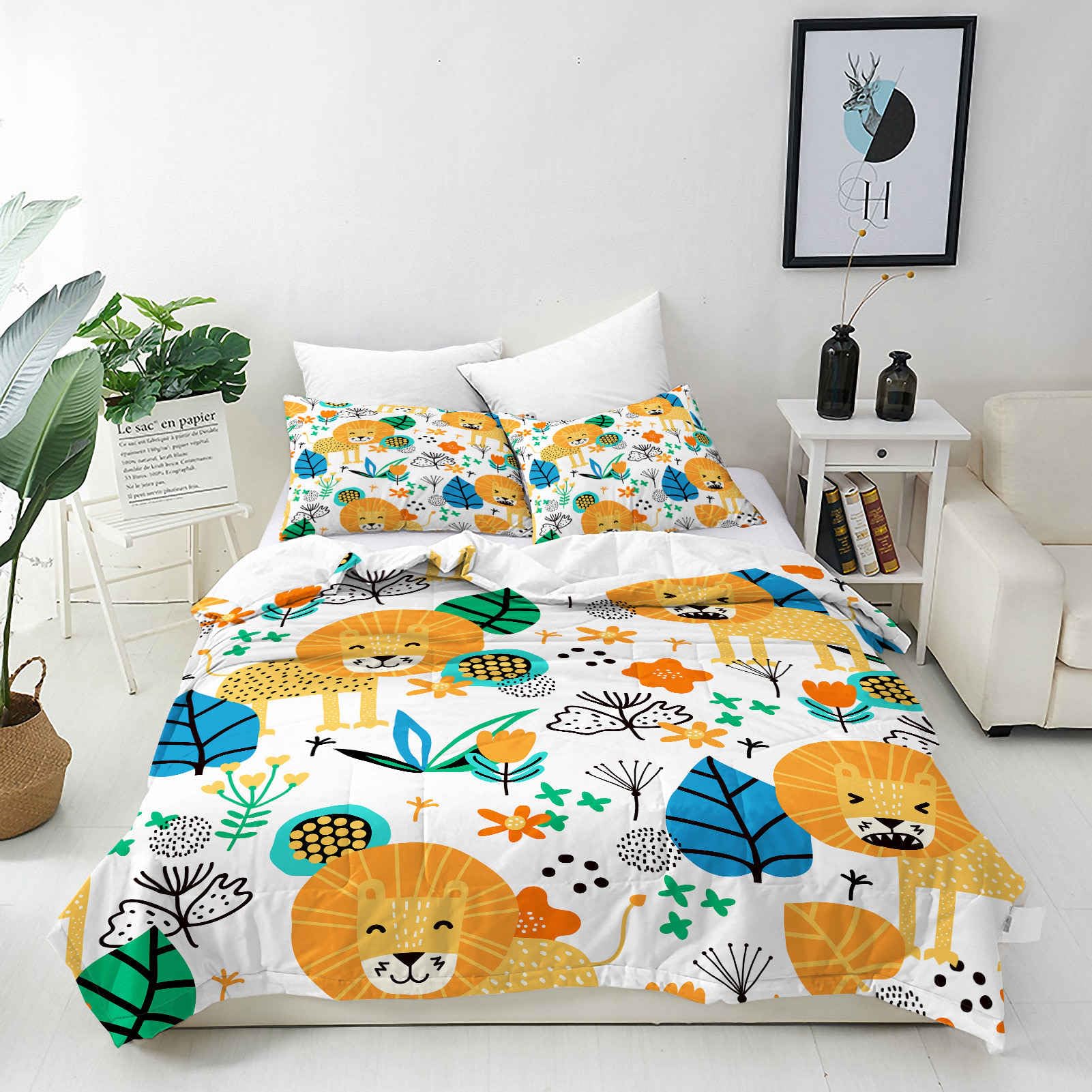 ANHOPE Custom Duvet Cover & Pillowcase Customized Size Bedding Set with Tropical Jungle Plant Lion Printed Pattern Personalised Quilt Cover for All Season