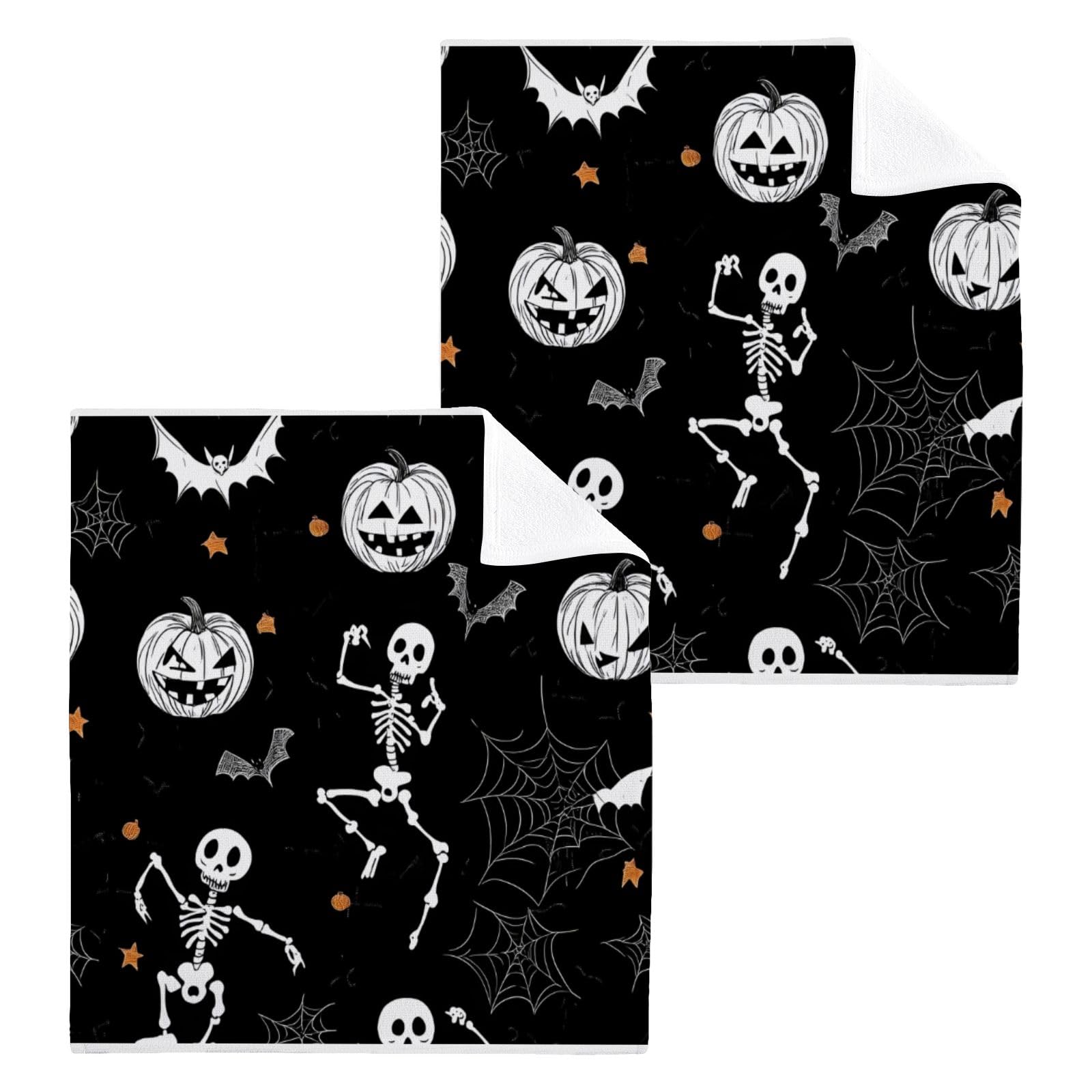ALAZA Cotton Wash Cloths Set Face Cloths Washcloth Small 4 Pack Halloween Skeleton Absorbent Soft Fingertip Towels 12 x 12 Inches