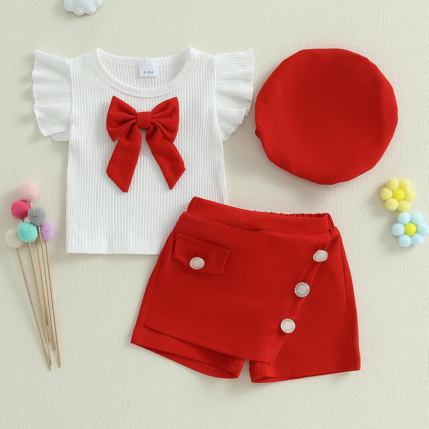 Fanvereka Infant Baby Girl Summer Outfits Shorts Set Bow Tops Shorts + Hat Little Girl Toddler Fall Clothes Suit