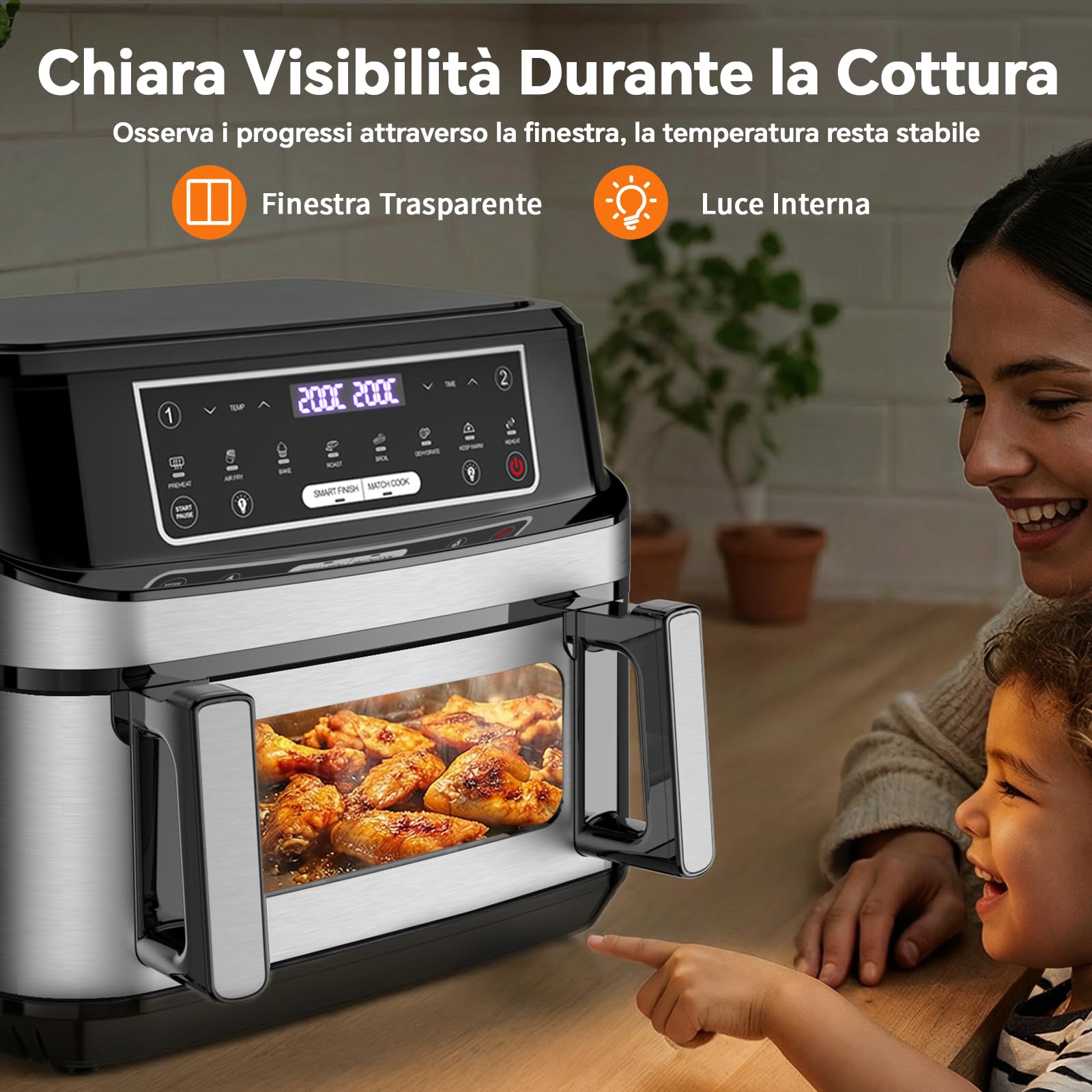 Friggitrice ad Aria 12L | Friggitrice Aria XXL Modalità Flessibile 1 o 2 Zone, 2600W Doppia Resistenza Controllo Indipendente Finestra & Luce Interna, Air Fryer Grande 8-in-1 Touch Control Ricettario