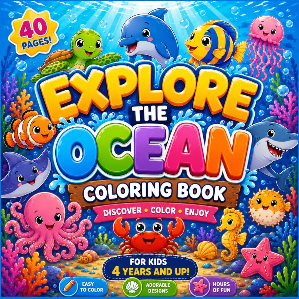 Explore the Ocean Coloring Book: 40 Amazing Ocean Animals to Color for Kids Ages 4+