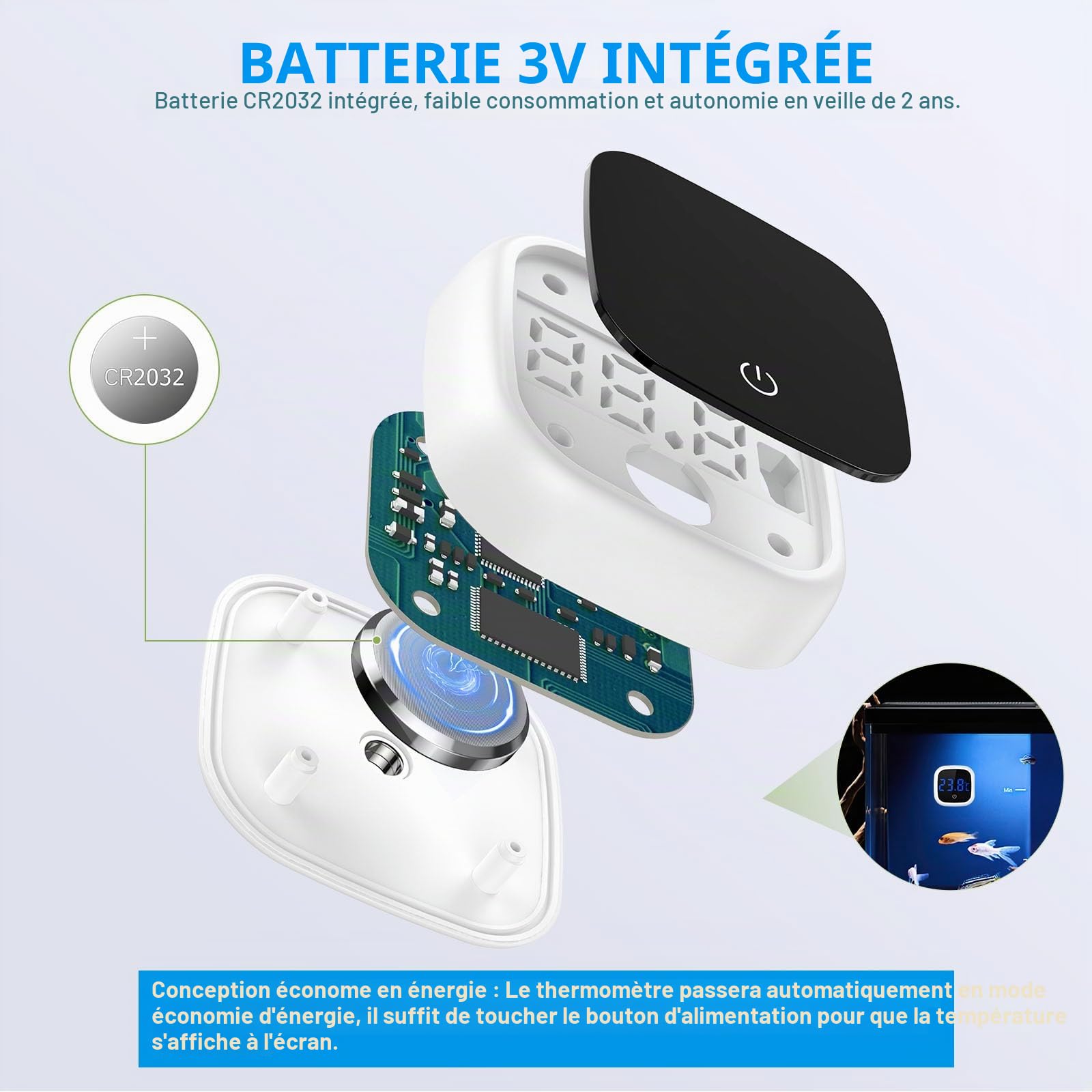 Brifit Thermomètre Aquarium Numérique, Mini Thermometre d'aquarium avec Ecran Tactile, Affichage LED, Thermometre Eau sans Fil pour Marine, Eau Doucee, Aquarium