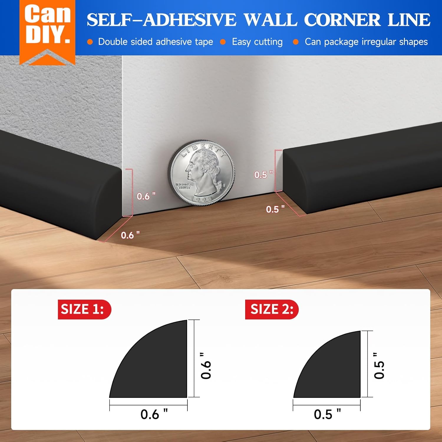 Flexible Quarter Round Molding Bendable Molding Trim 0.6 Inch(W) x 40 Feet(L) Self Adhesive Vinyl Wall Base Peel and Stick Rubber Edge Trim for Floor,Tub,Around Curved Stairs (Black)