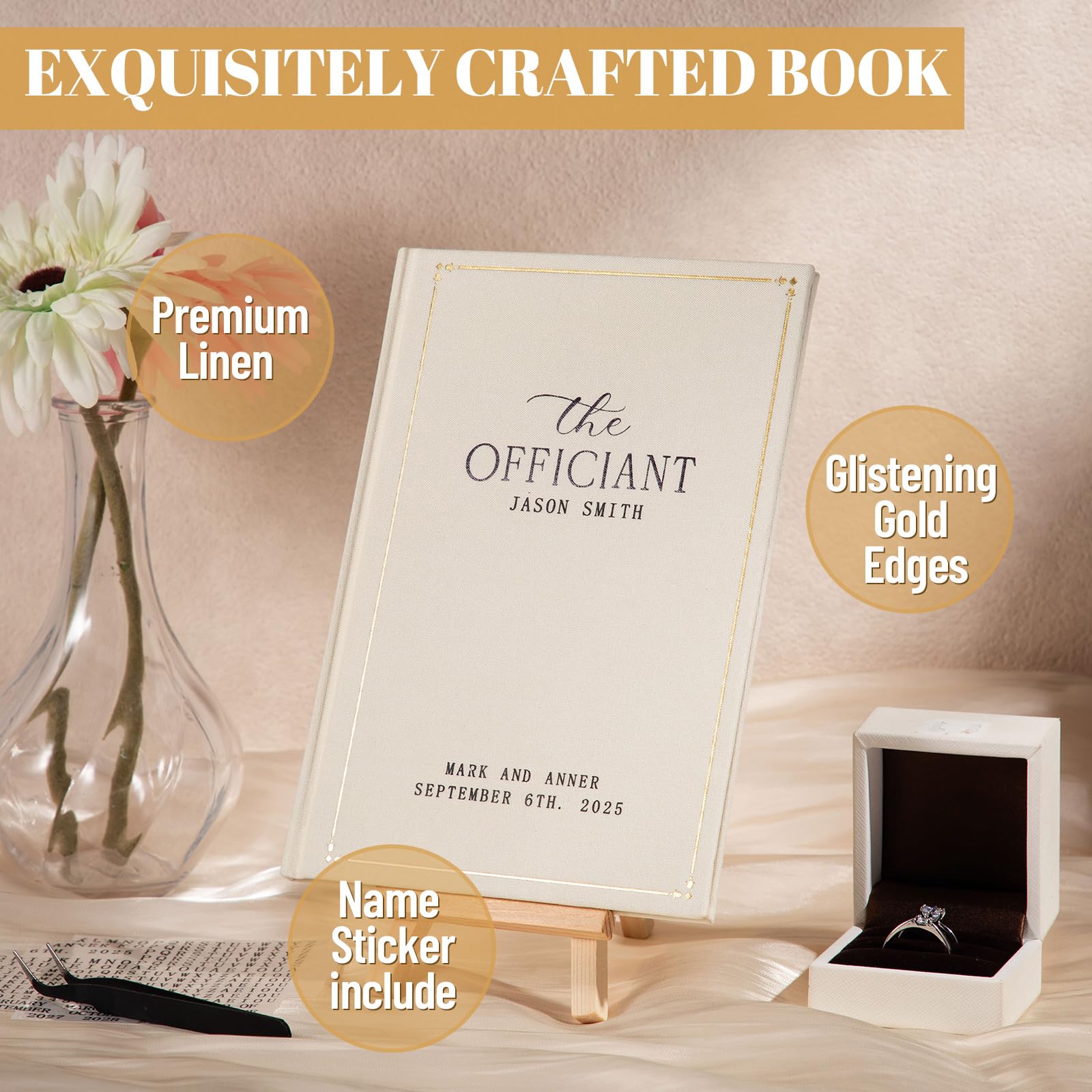 Engrowtic Wedding Officiant Book Personalized Linen Hardcover Journal with Name Sticker, 160 Lined Pages, 5.31 x 8.27 in A5 Notebook, Pastor Minister Sermon Officiant Gift for Wedding Ceremony