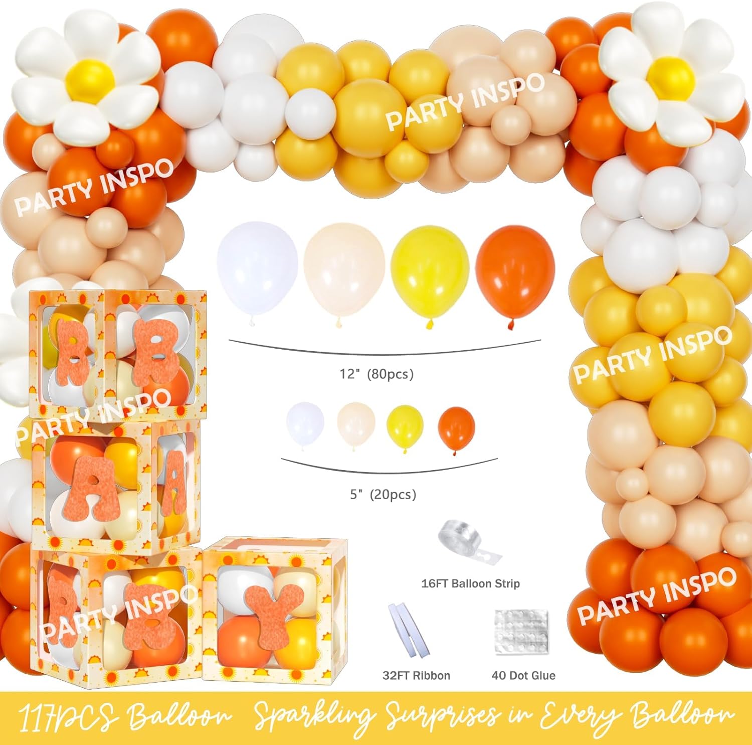 Sunshine Baby Shower Decorations for Girls, A Little Ray of Sunshine is Almost Here Baby Shower Supplies, Boho Sun Themed Backdrop Balloon Banner Tablecloth Cake Cupcake Topper Boxes