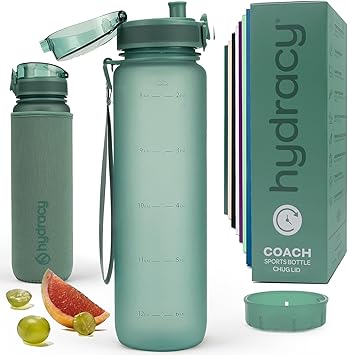 Hydracy Water Bottle with Time Marker - Large 32 oz BPA Free Gym Bottle & No Sweat Sleeve -Leak Proof Lid with Fruit Infuser Strainer & Times to Drink - Ideal for Fitness Sports & Outdoors