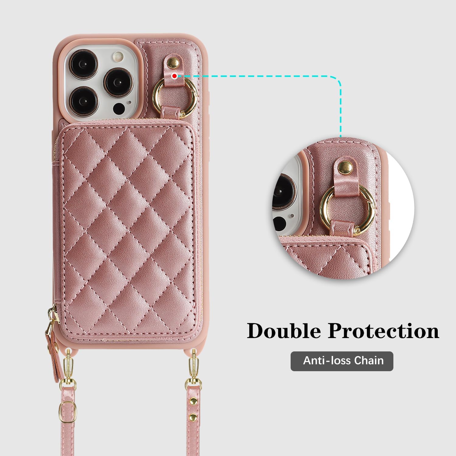 Cavor for iPhone 15 Pro Max Wallet Case with Card Holder for Women Men, for iPhone 15 Pro Max Case with Strap, Crossbody Lanyard Phone Case, Magnetic Detachable Compatible with Magsafe-Rose Gold