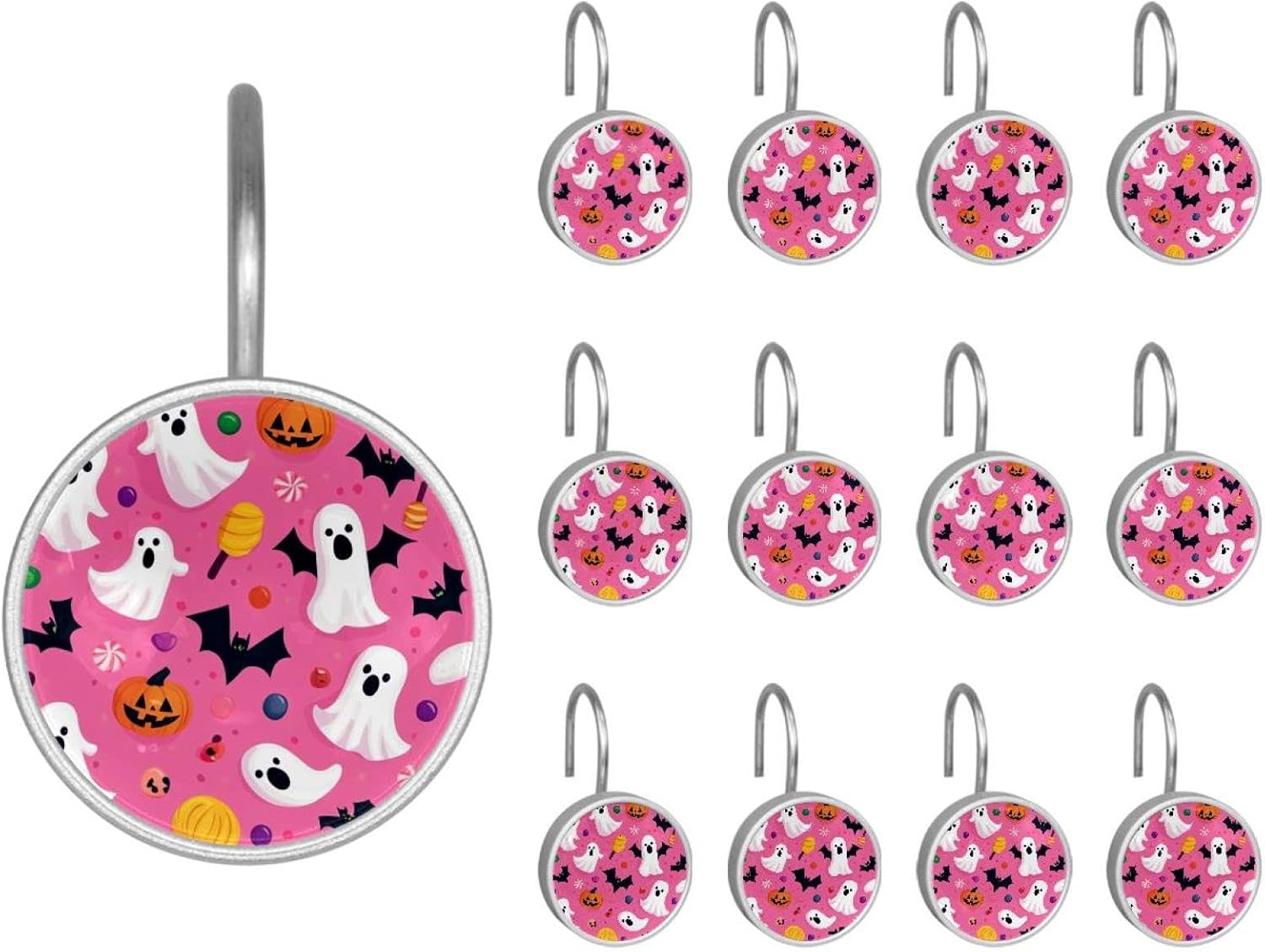 Set of 12 Shower Curtain Hooks, Shower Curtain Rings Crystal Glass Decorative Bathroom Hook, Halloween Bats Candies Pumpkins