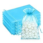 G2PLUS Organza Bags 46 Inches, 100PCS Blue Organza Gift Bags with Drawstring, Sheer Mesh Jewelry Pouches Candy Bag for Christmas, Wedding Party Favors (Lake Blue)