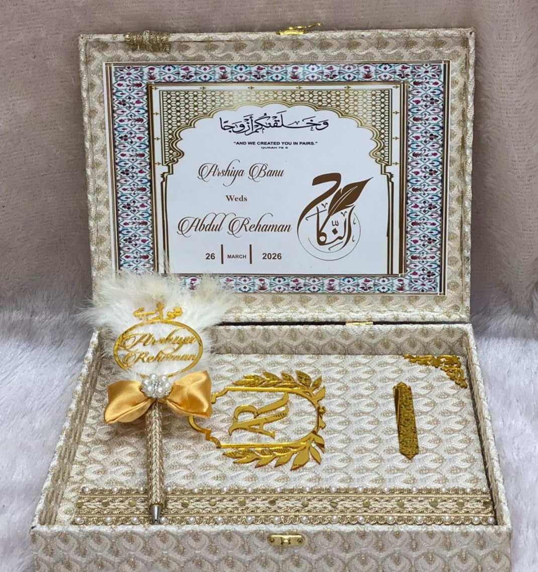 Elegant Islamic Customised Nikah Nama Booklet with Certificate Nikah Sign Decorative Marriage Gift Wedding Document Traditional Muslim Wedding Keepsake White book Frameable Gift for Couple & Stamp Ink Pad (Booklet+Pen+Box Set)-image-2
