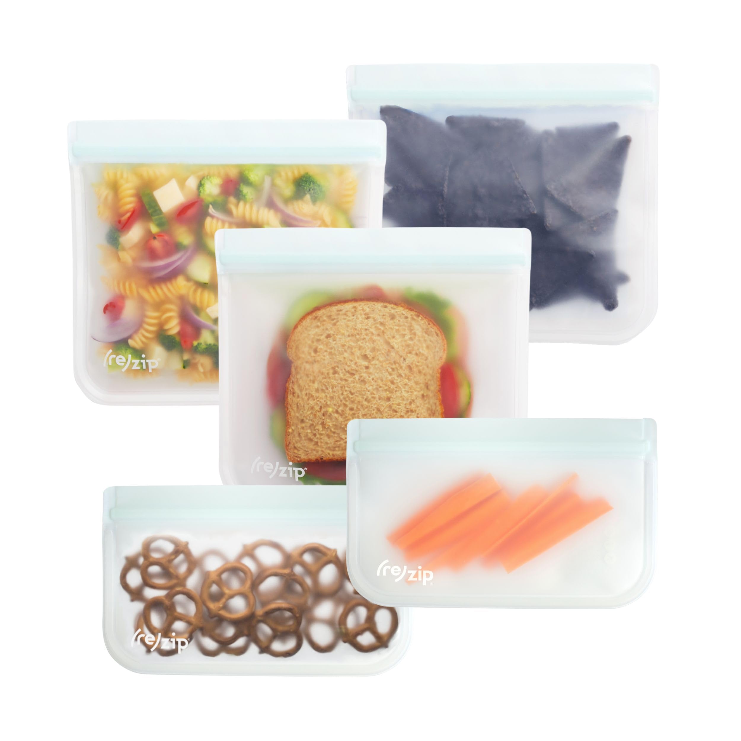 (re) zip 5-Piece Flat Lunch Reusable Food Storage Bags, BPA-Free, Leakproof, Freezer Safe, Dishwasher Safe, Travel Friendly, (3) Sandwich (3.5-Cup/28-Ounce), (2) Snack 1-Cup/8-Ounce Bags, (Clear)